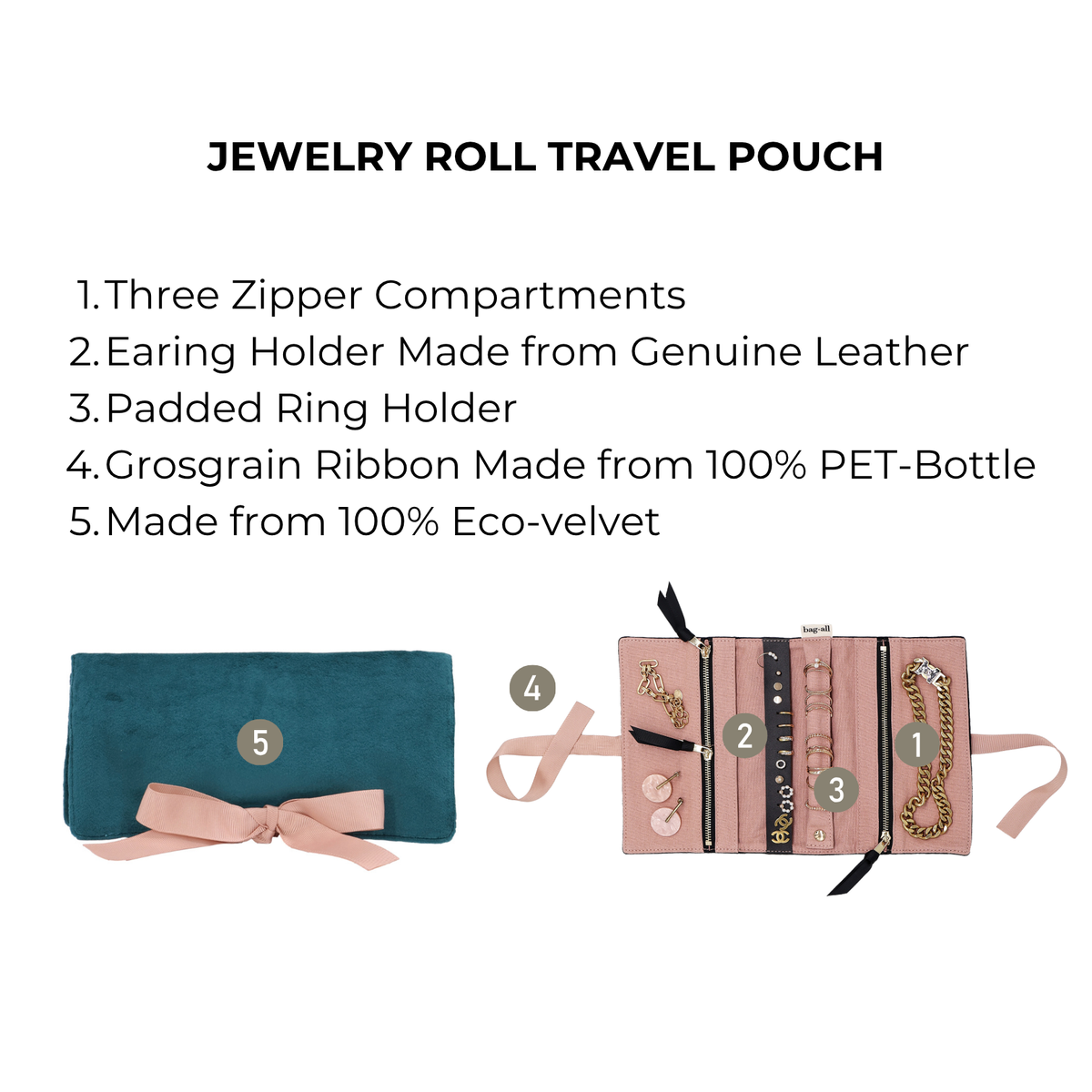 Couture Jewellery Roll, Medium – Eco Velvet – Aqua Teal by Bag-all travel jewelry organizer with 3 compartments
