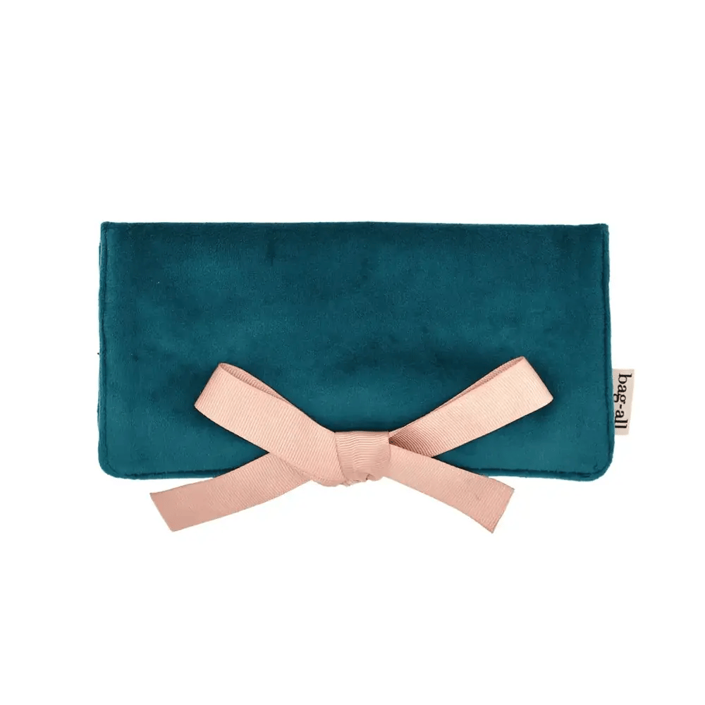 Couture Jewellery Roll, Medium – Velvet – Aqua Teal by Bag-all with pink bow for travel jewelry organization