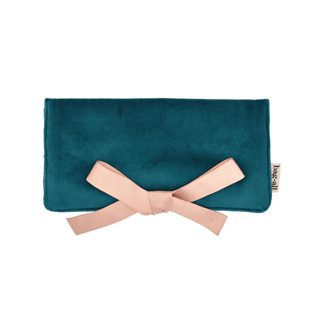 Couture Jewellery Roll, Medium – Eco Velvet – Aqua Teal by Bag-all with pink bow for travel jewelry organization