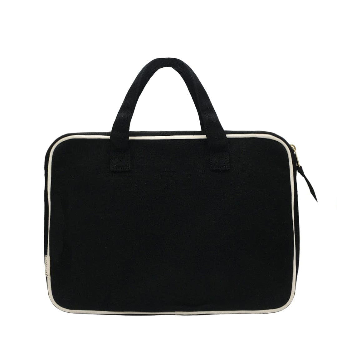 Bag-all Black Laptop Case 13" with white trim, handle, dual handles, and front charger pocket. Sleek padded cotton design for modern professionals.