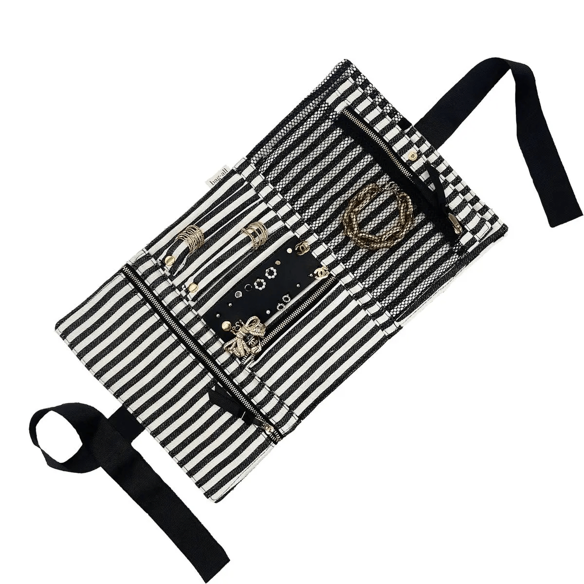 Bag-all black and cream striped jewelry organizer with multiple compartments storing bracelets rings and necklaces neatly