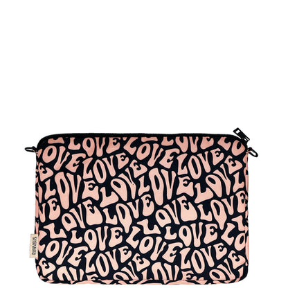 Back view of 13-inch laptop case with black and pink love pattern, stylish and protective design