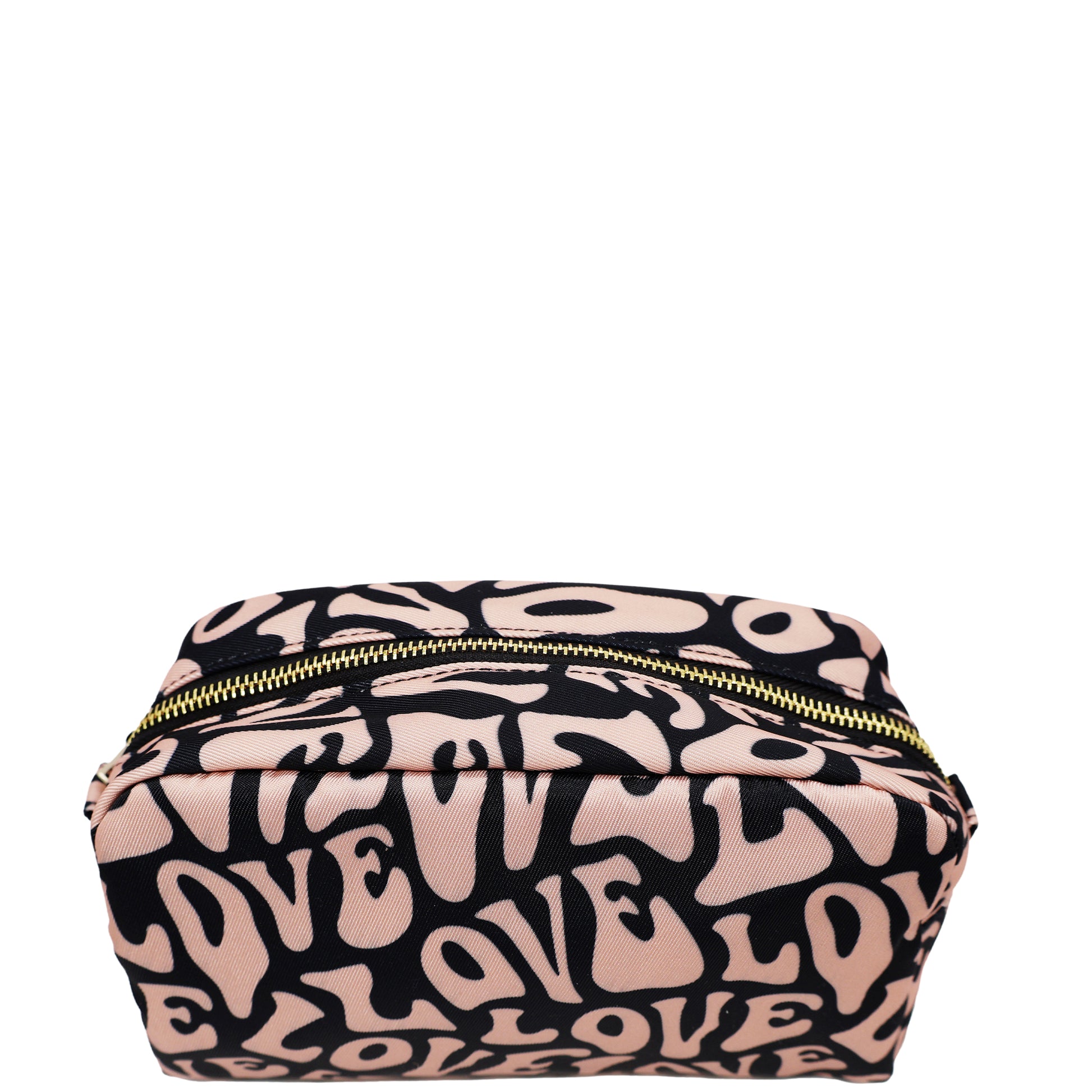 Toiletry pouch with black and pink love pattern, spacious design for organizing beauty and travel essentials