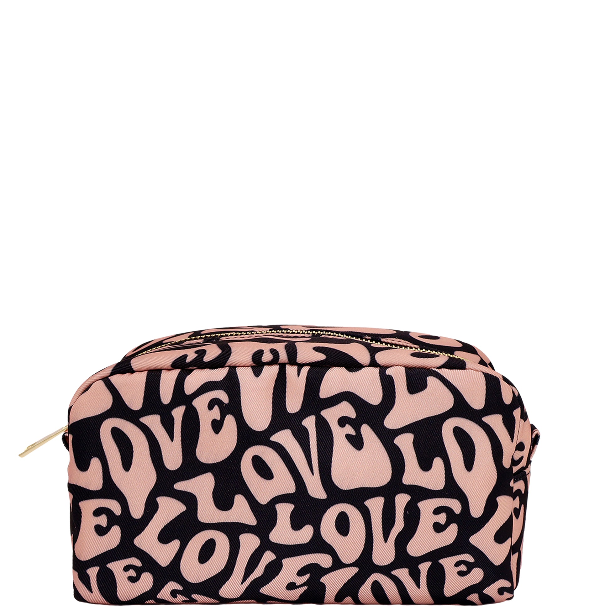 Toiletry pouch with black and pink love pattern, spacious design for organizing beauty and travel essentials