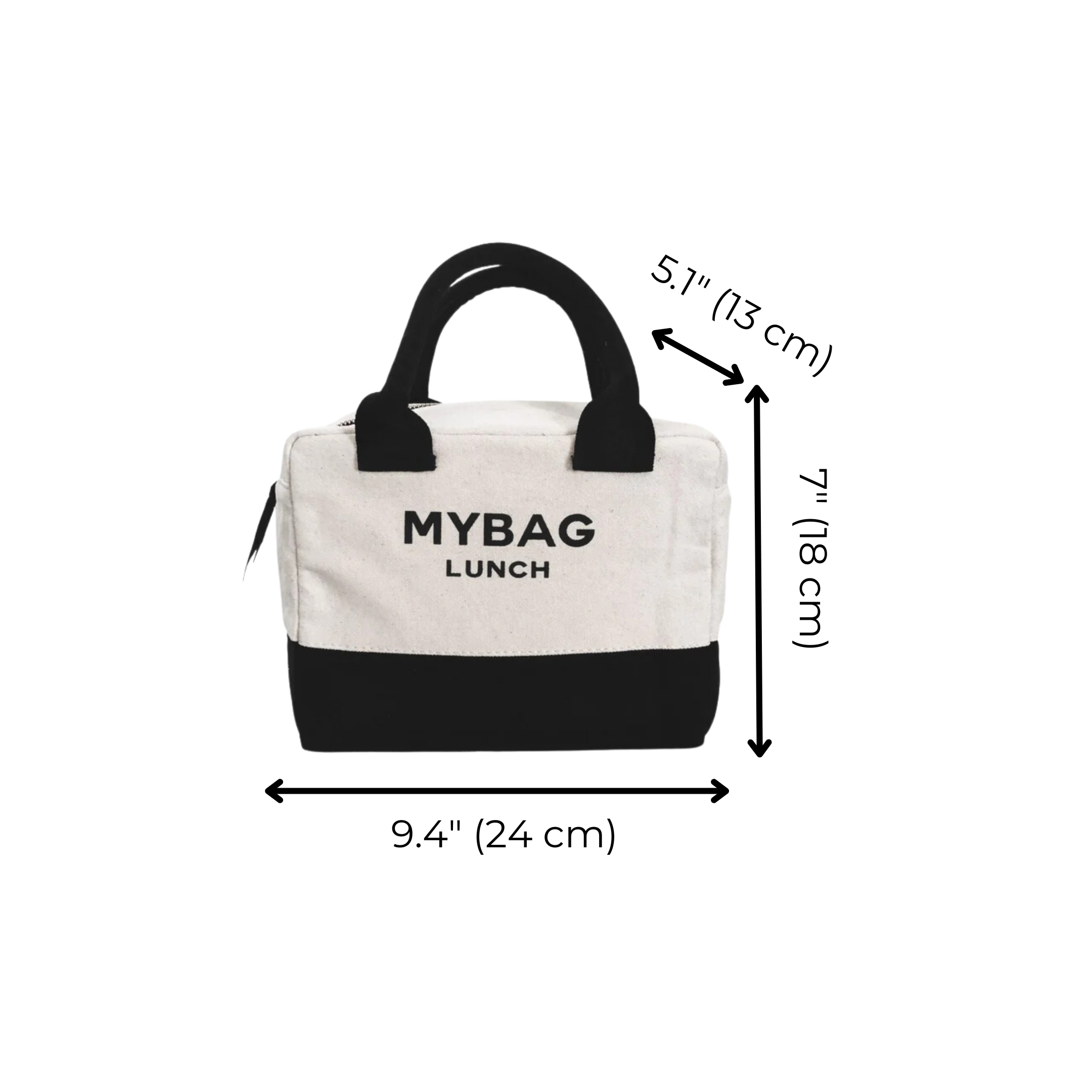 Bag-all Lunch Box Insulated in cream and black, featuring dimensions 9.4x7x5 inches, with black handles and MYBAG LUNCH text print, perfect for daily meal storage