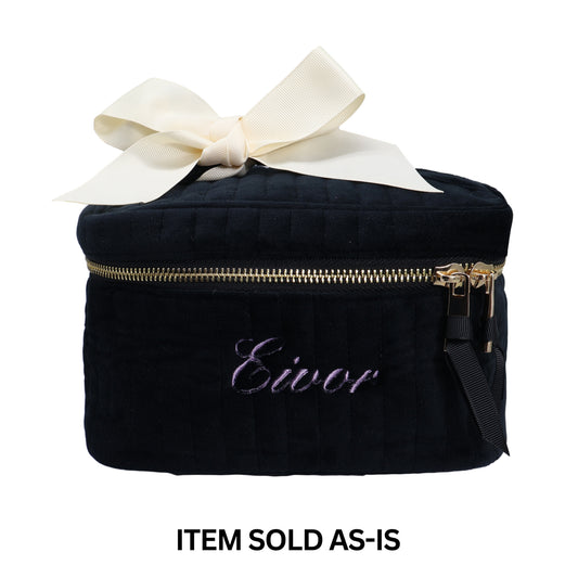 Bag-all black quilted eco velvet makeup case with gold zipper and cream ribbon monogram error final sale item
