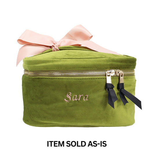 Bag-all green eco velvet small makeup case with gold zipper and pink ribbon monogram final sale item sold as-is