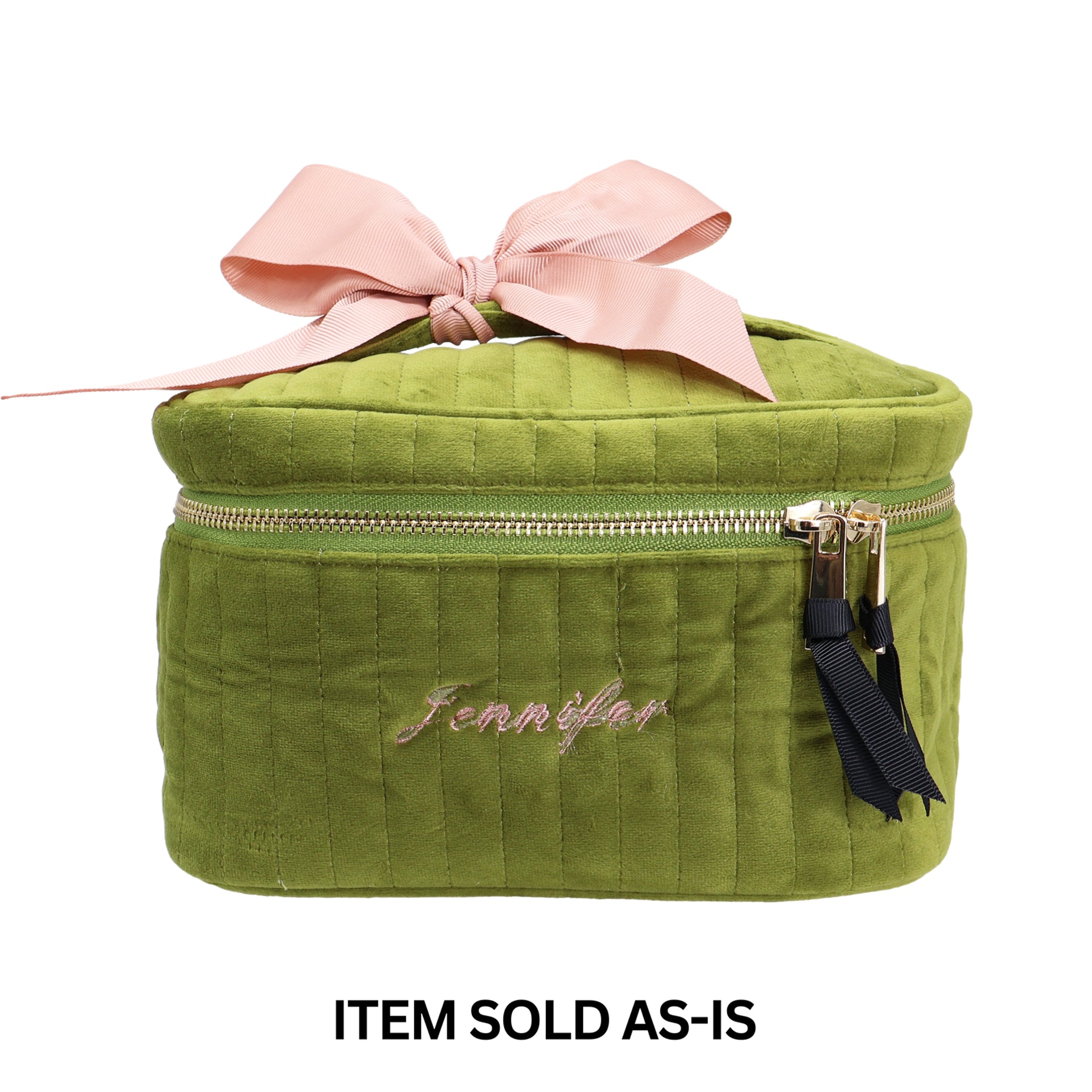 Bag-all small quilted green eco velvet makeup case with gold zipper black ribbon and pink monogram error final sale