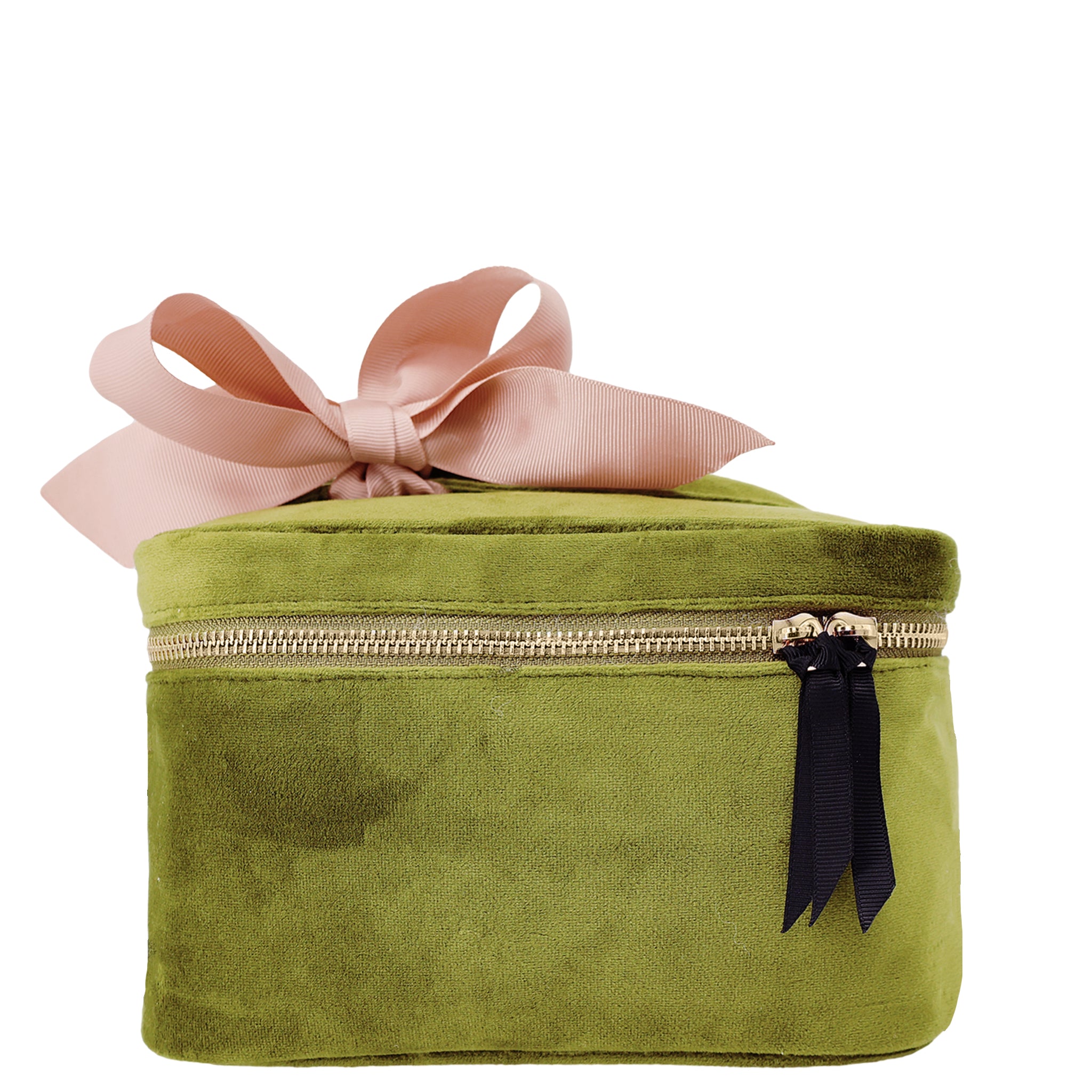 Bag-all My Makeup Cosmetic Box in luxurious green velvet with pink bow accent, featuring waterproof interior and silver zipper detail. Square-shaped beauty organizer perfect for storage and travel.