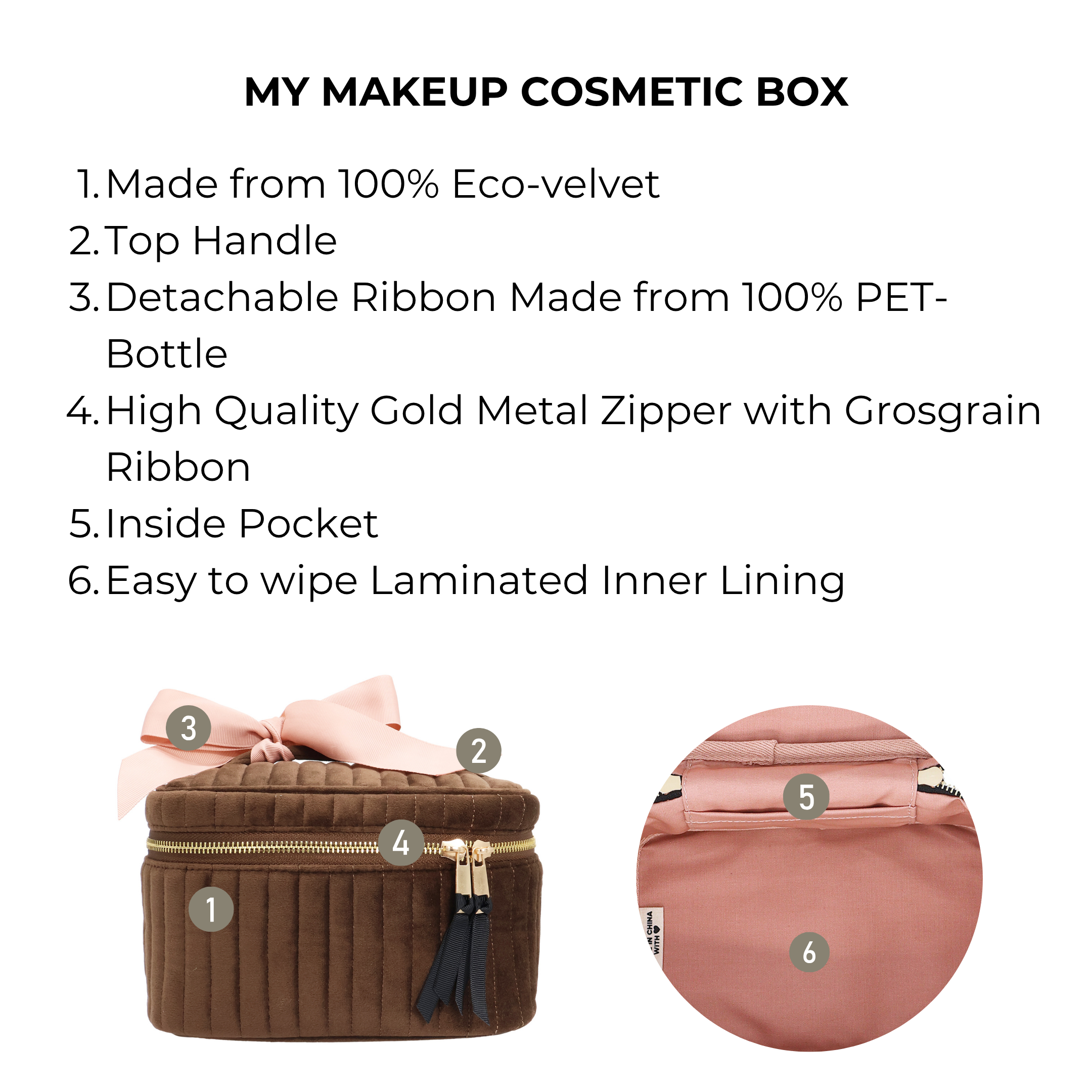 My Makeup Cosmetic Box – Quilted Eco Velvet – Espresso Brown