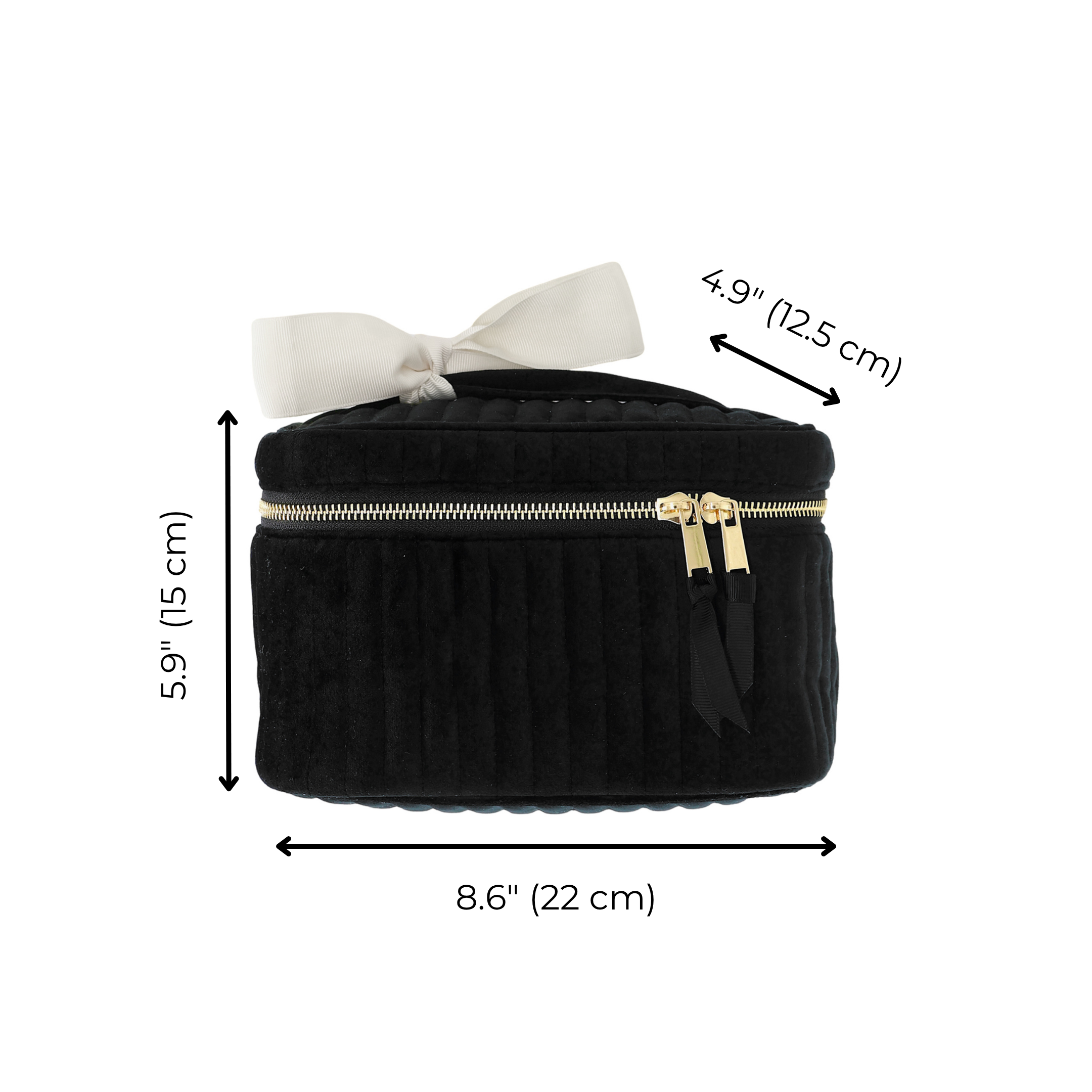 Black quilted eco velvet makeup case with gold zipper and cream bow by Bag-all, compact and stylish travel size