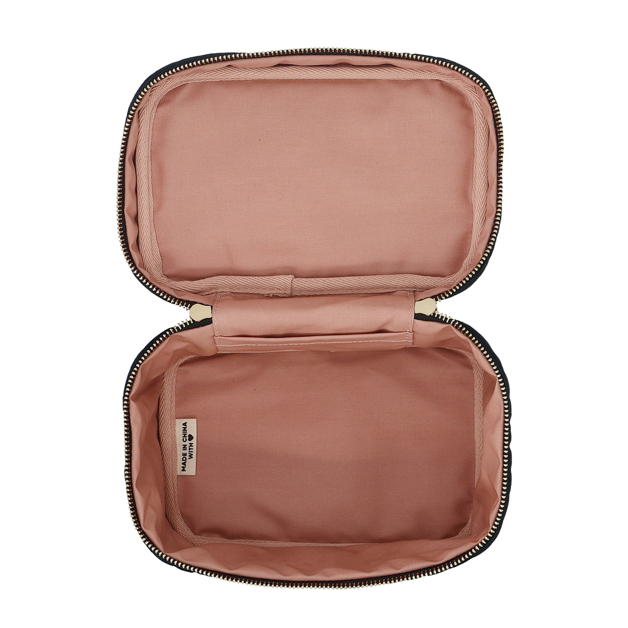 Open Bag-all makeup case S in blush quilted eco velvet with black zipper and soft interior lining