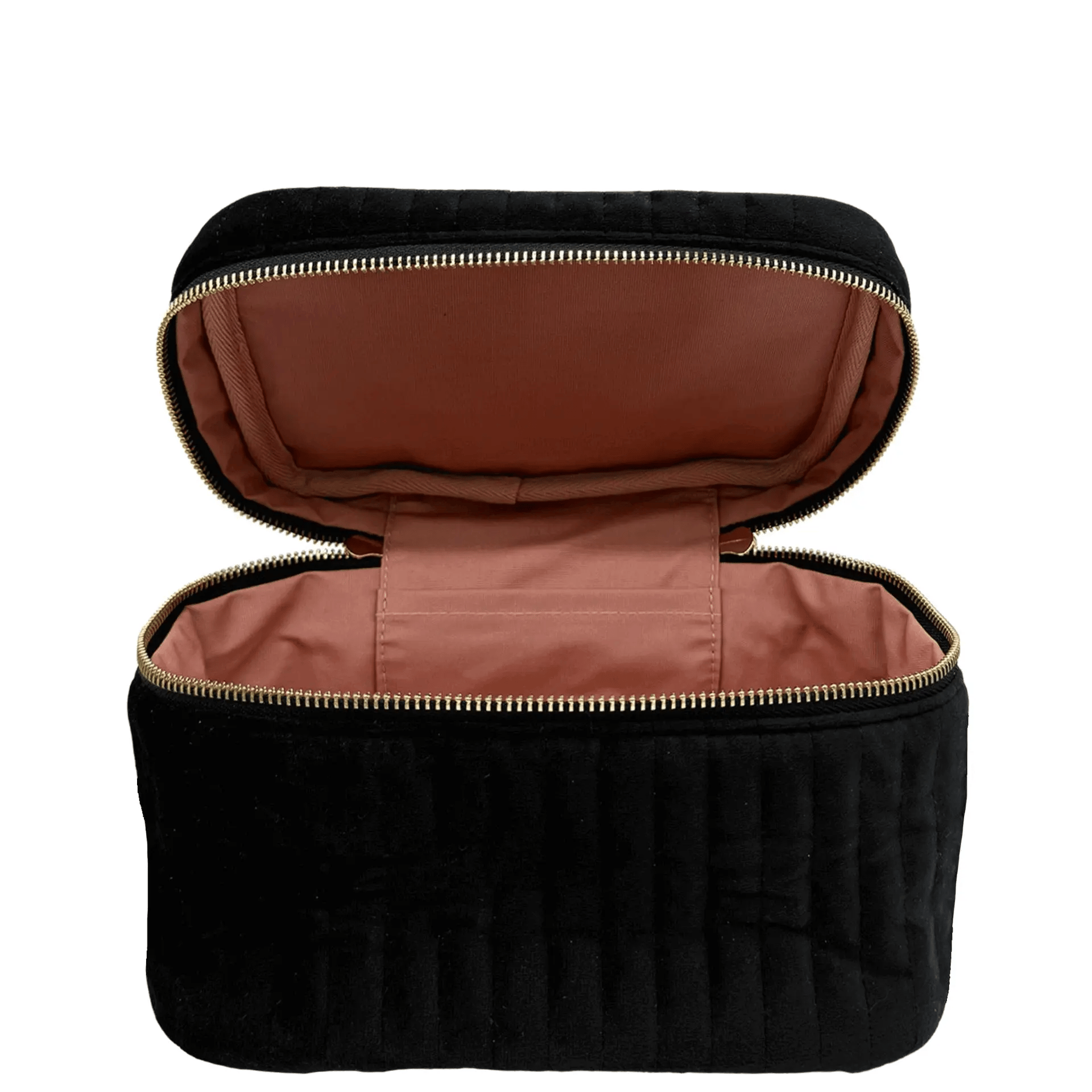 Open Quilted Eco Velvet Makeup Case in black with soft interior, compact and stylish by Bag-all