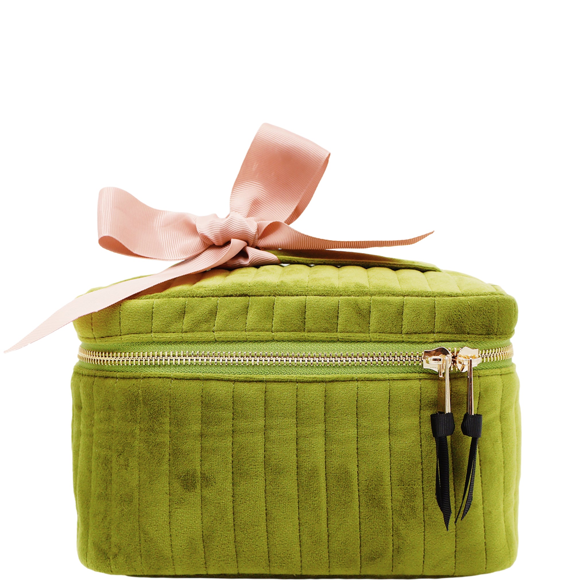 Green quilted eco velvet makeup case with pink ribbon detail by Bag-all, compact and stylish storage solution