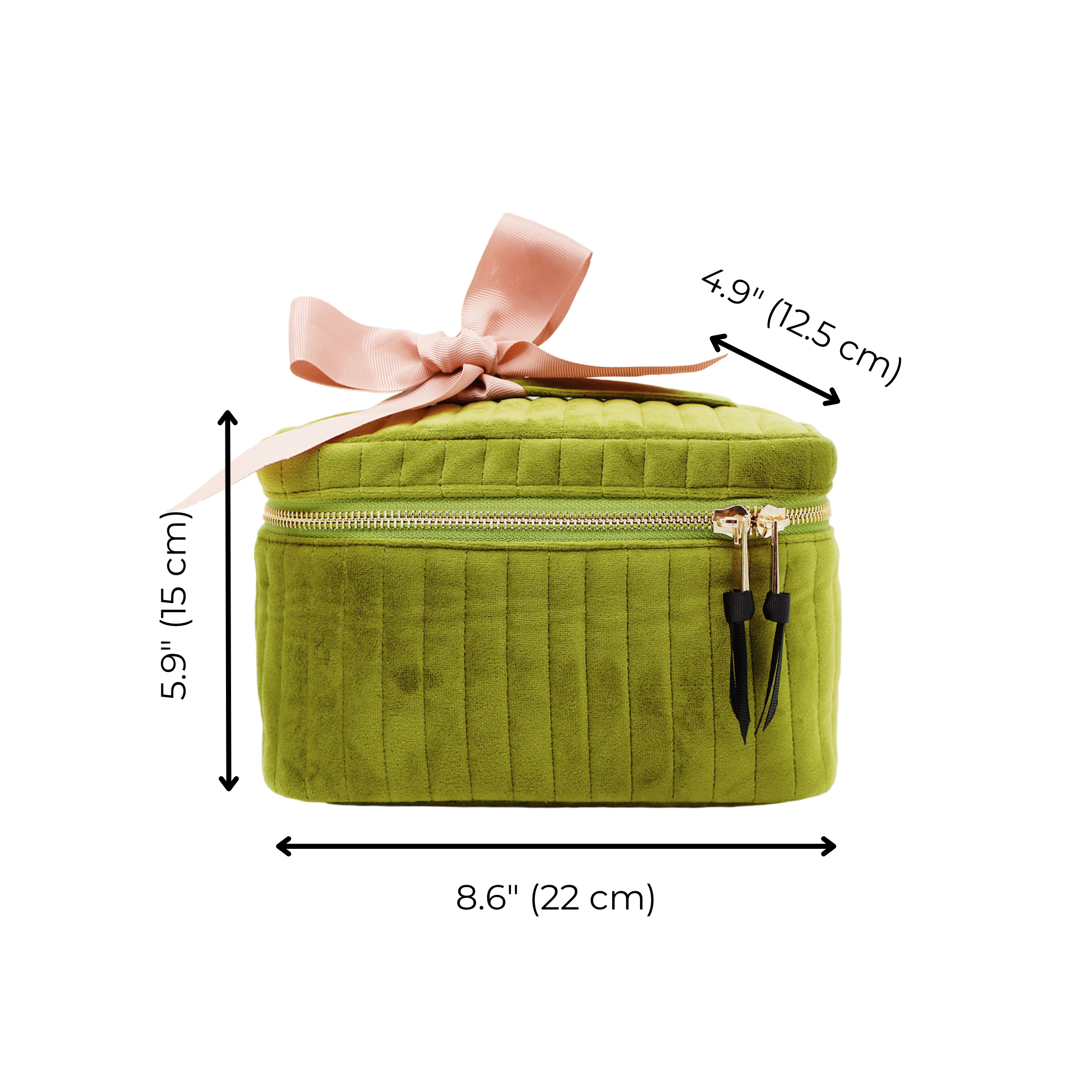 Quilted green eco velvet makeup case S by Bag-all with pink bow and gold zipper, compact and stylish design