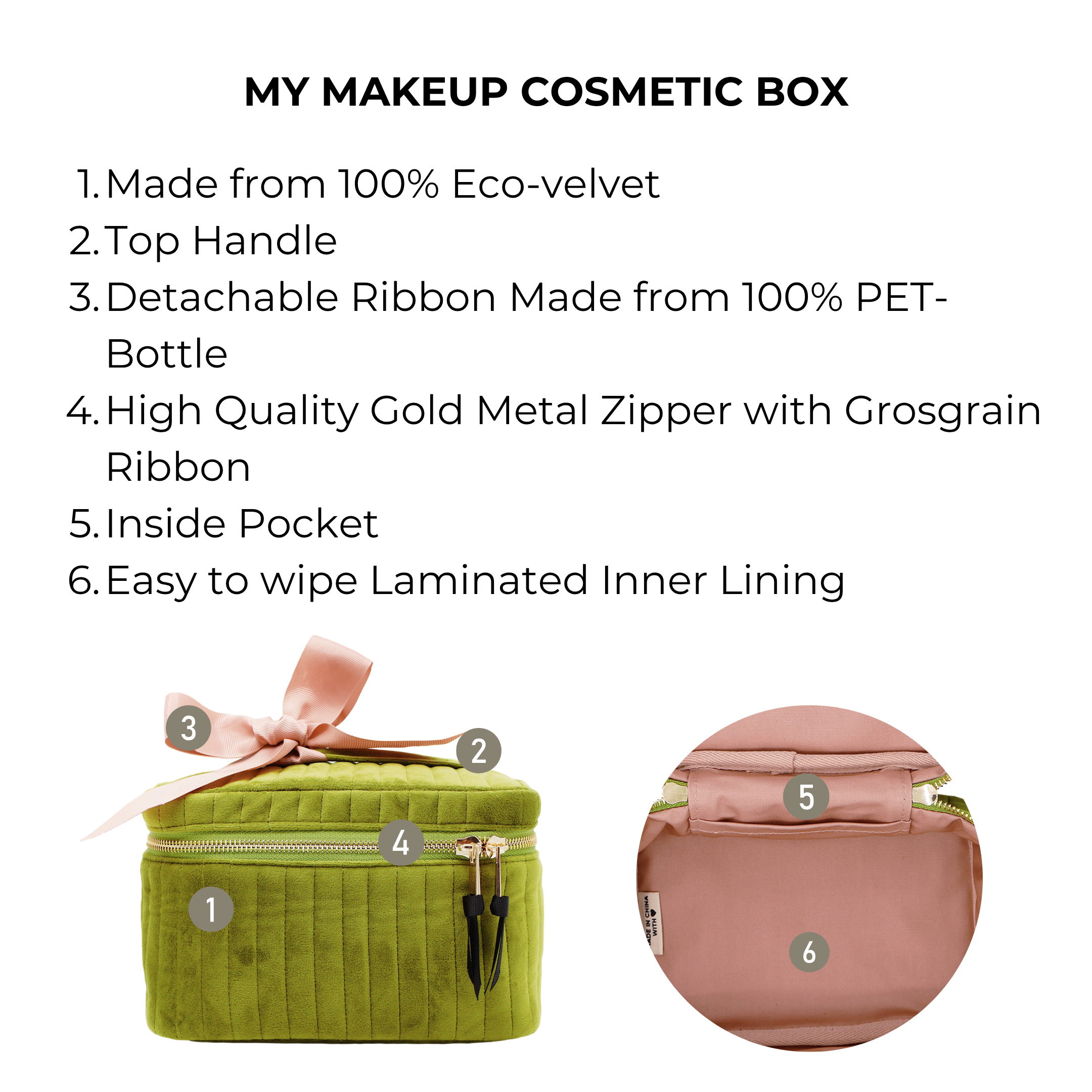Green quilted eco velvet makeup case with gold zipper, ribbon handle and inside pocket by Bag-all