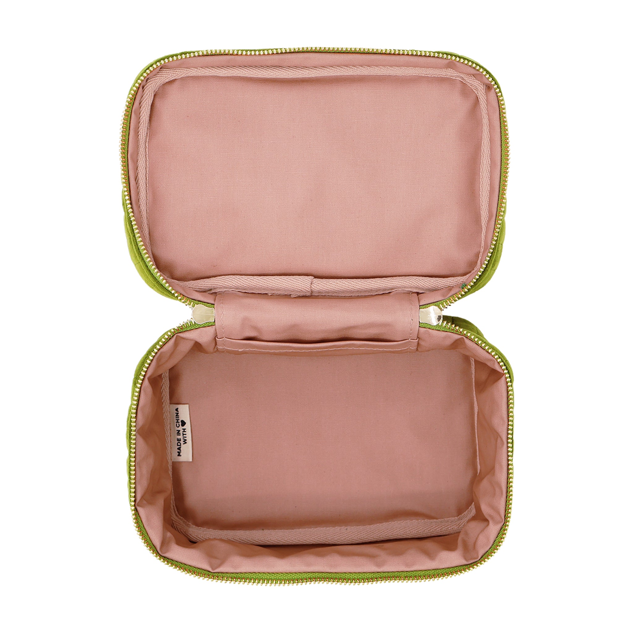 Open green quilted eco velvet makeup case S size with soft pink interior by Bag-all