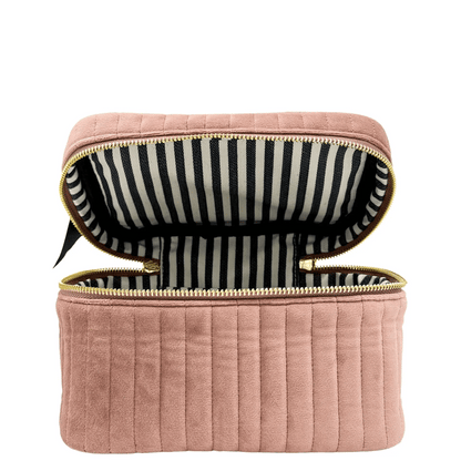 Bag-all eco-velvet pink makeup and jewelry case open showing striped interior lining gallery position one view