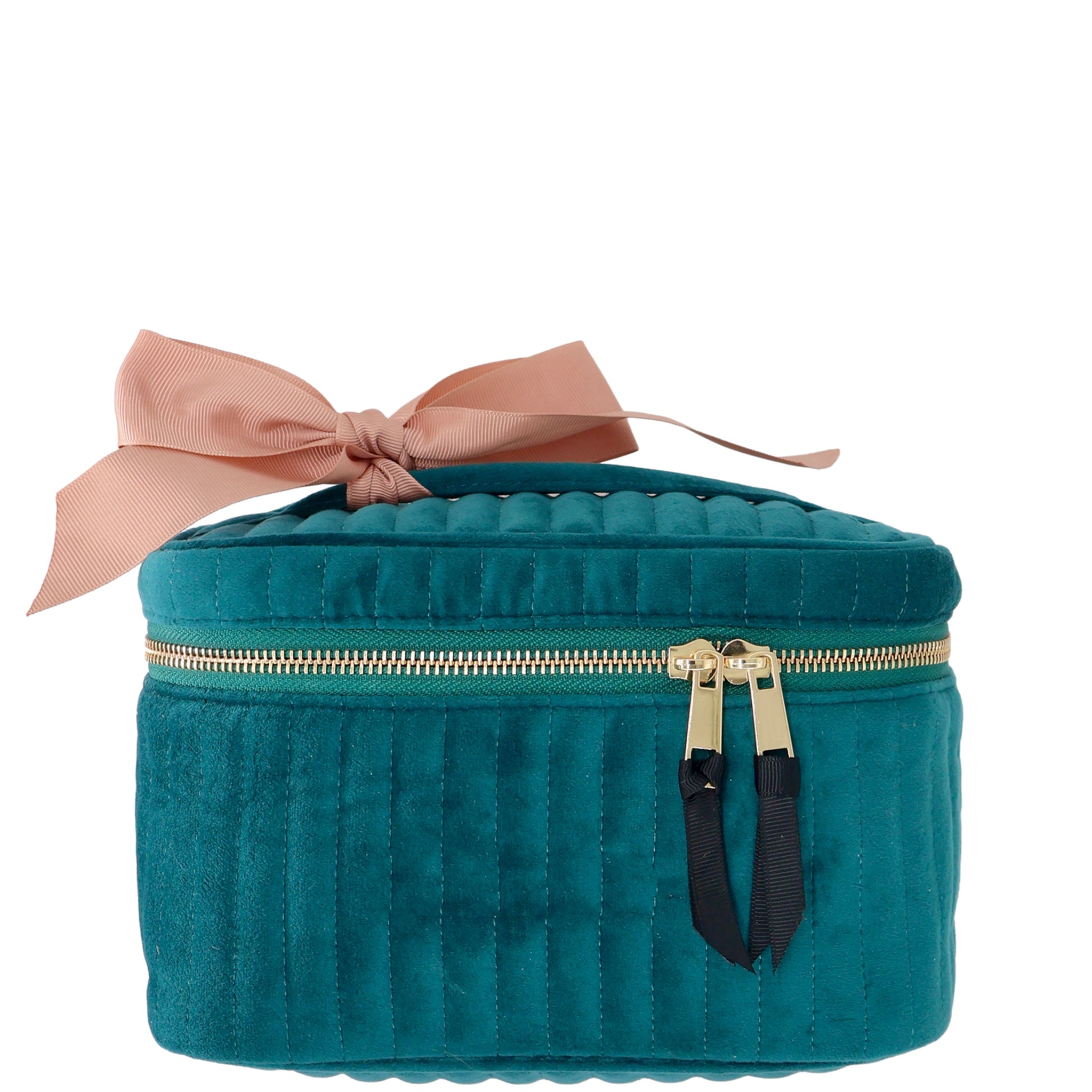 Teal quilted eco velvet makeup case with gold zipper and pink bow detail by Bag-all, compact and stylish storage solution