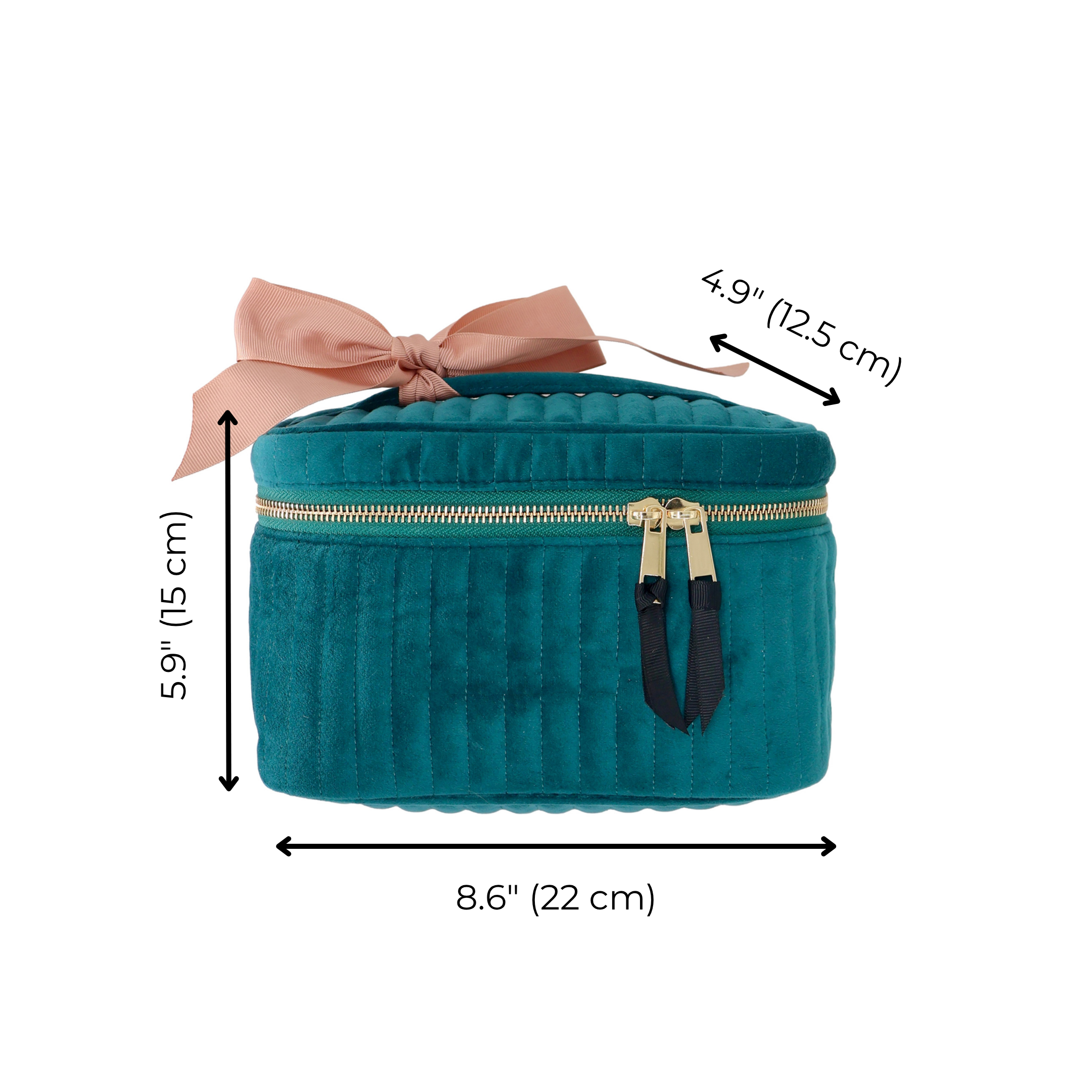 Bag-all quilted eco velvet makeup case in teal with gold zipper and pink ribbon, small size for travel or everyday use