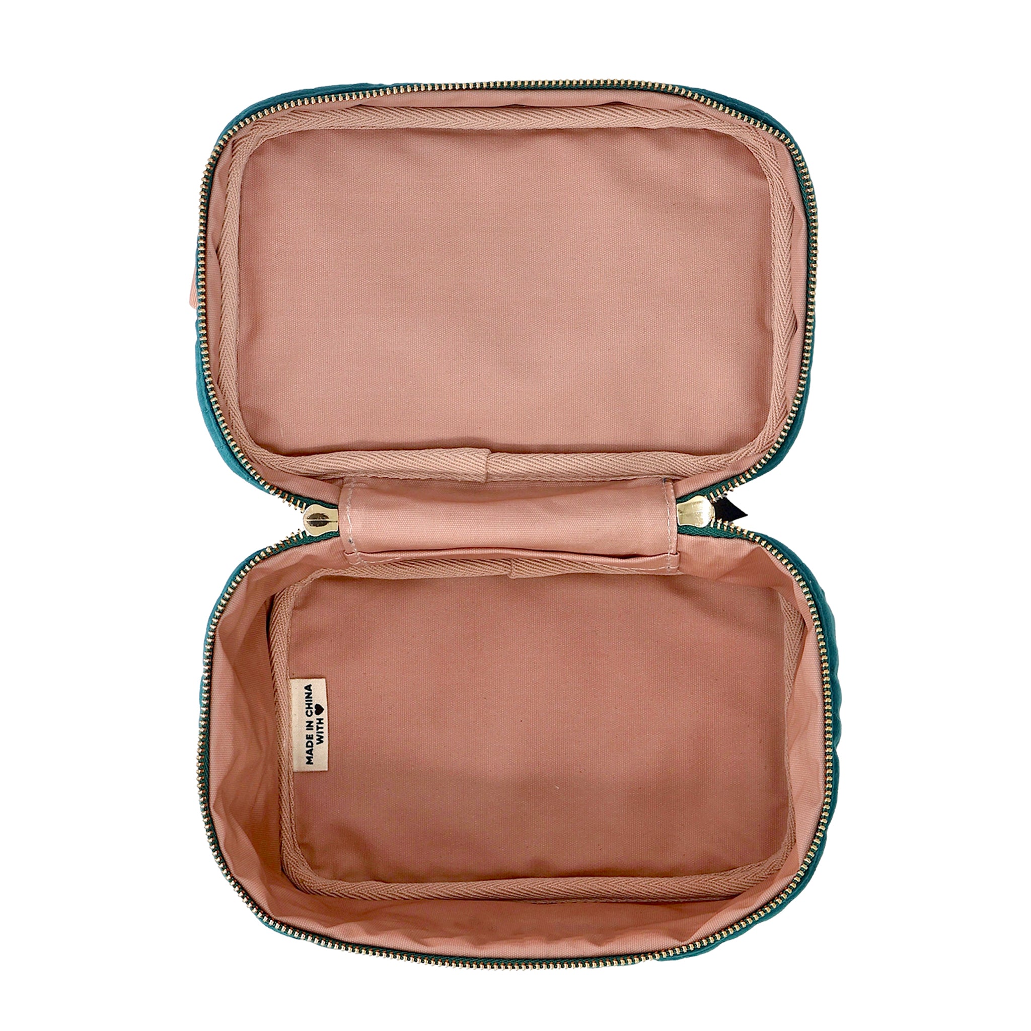 Open Quilted Eco Velvet teal makeup case S showing soft pink interior by Bag-all