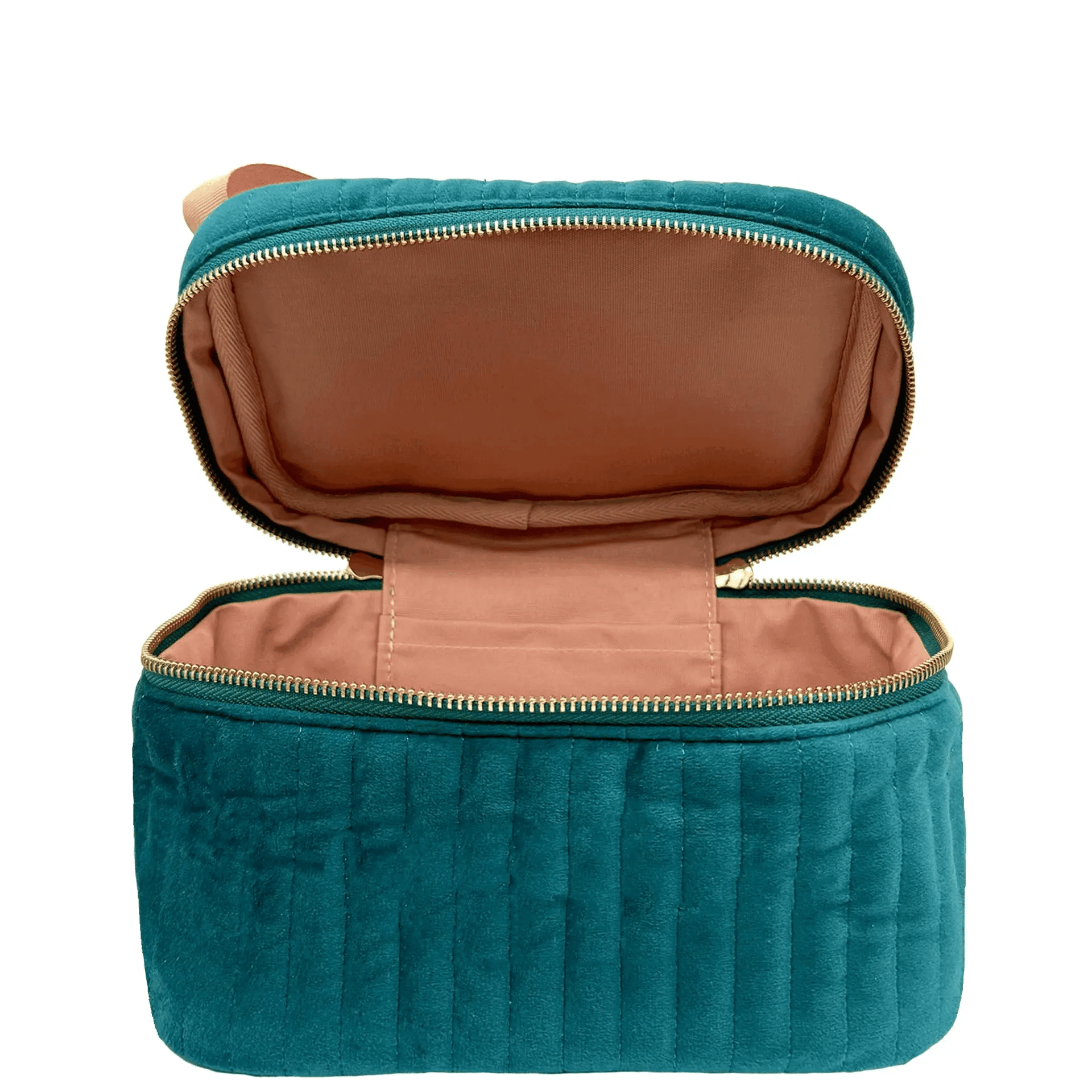 Bag-all quilted eco velvet makeup case in teal with spacious interior and durable zipper for easy access and travel convenience