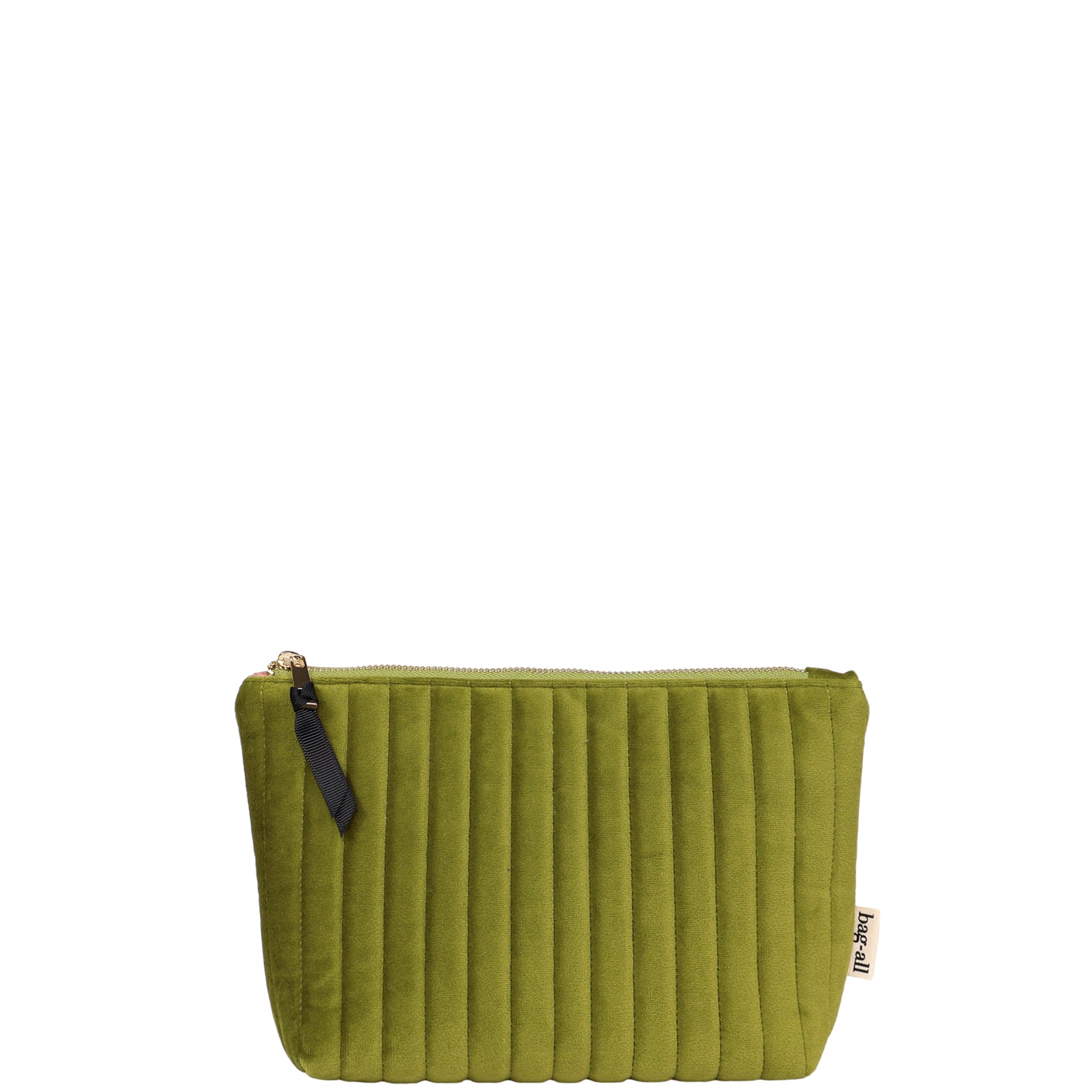 Green quilted eco velvet Bag-all makeup pouch with zipper and soft texture on white background
