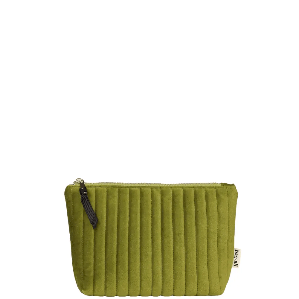 Green quilted velvet makeup bag with zipper and Bag-all label on white background