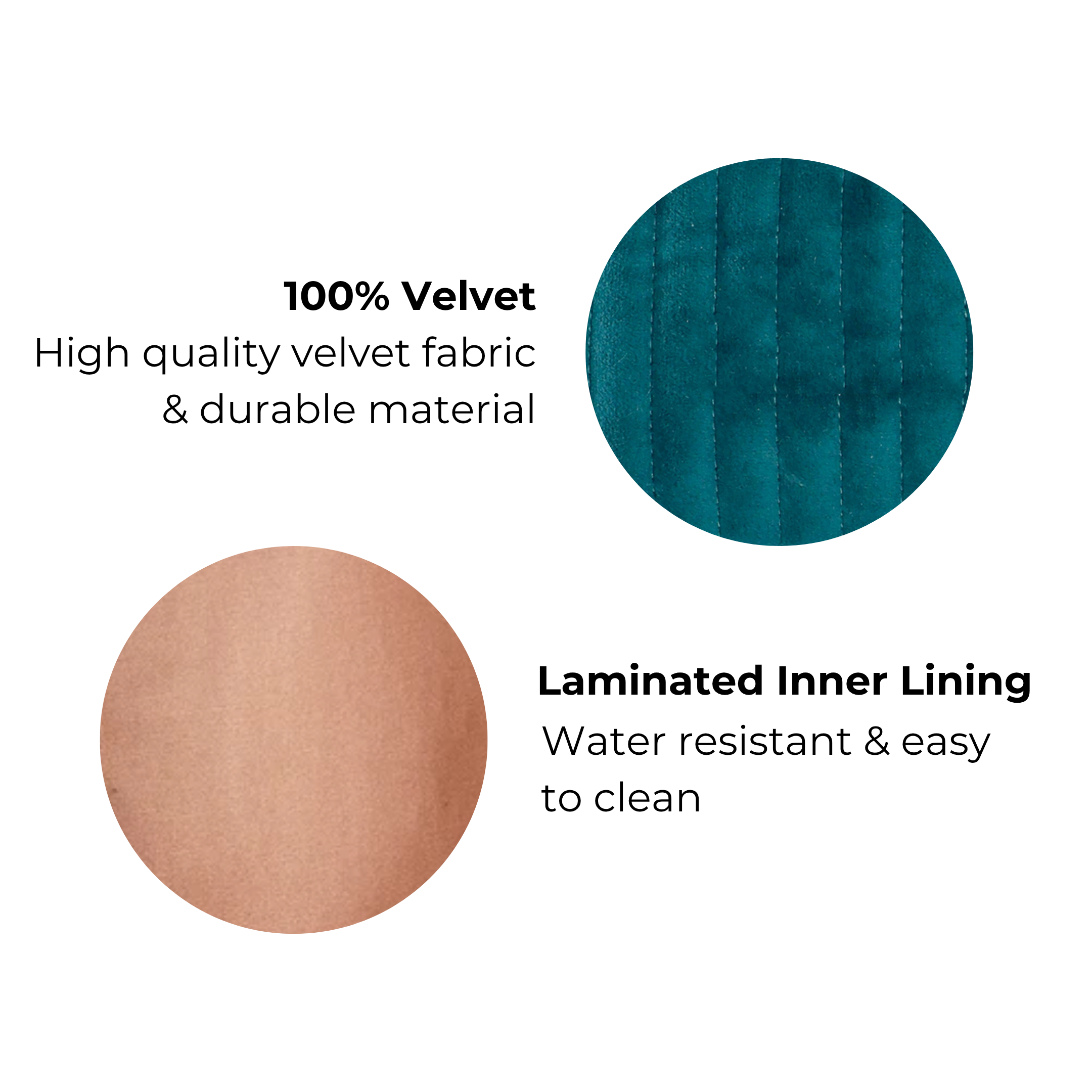 Close-up of teal quilted velvet fabric and laminated inner lining for Bag-all makeup bag water resistant and durable design