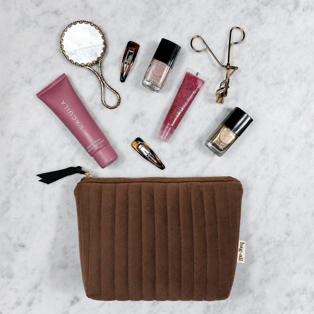 My Makeup Pouch, Coated Lining – Quilted Eco Velvet – Espresso Brown