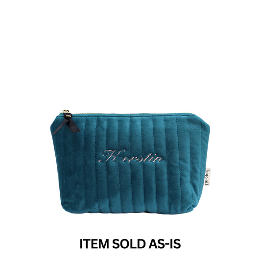 Bag-all teal quilted eco velvet makeup pouch with gold zipper and custom monogram final sale sold as-is