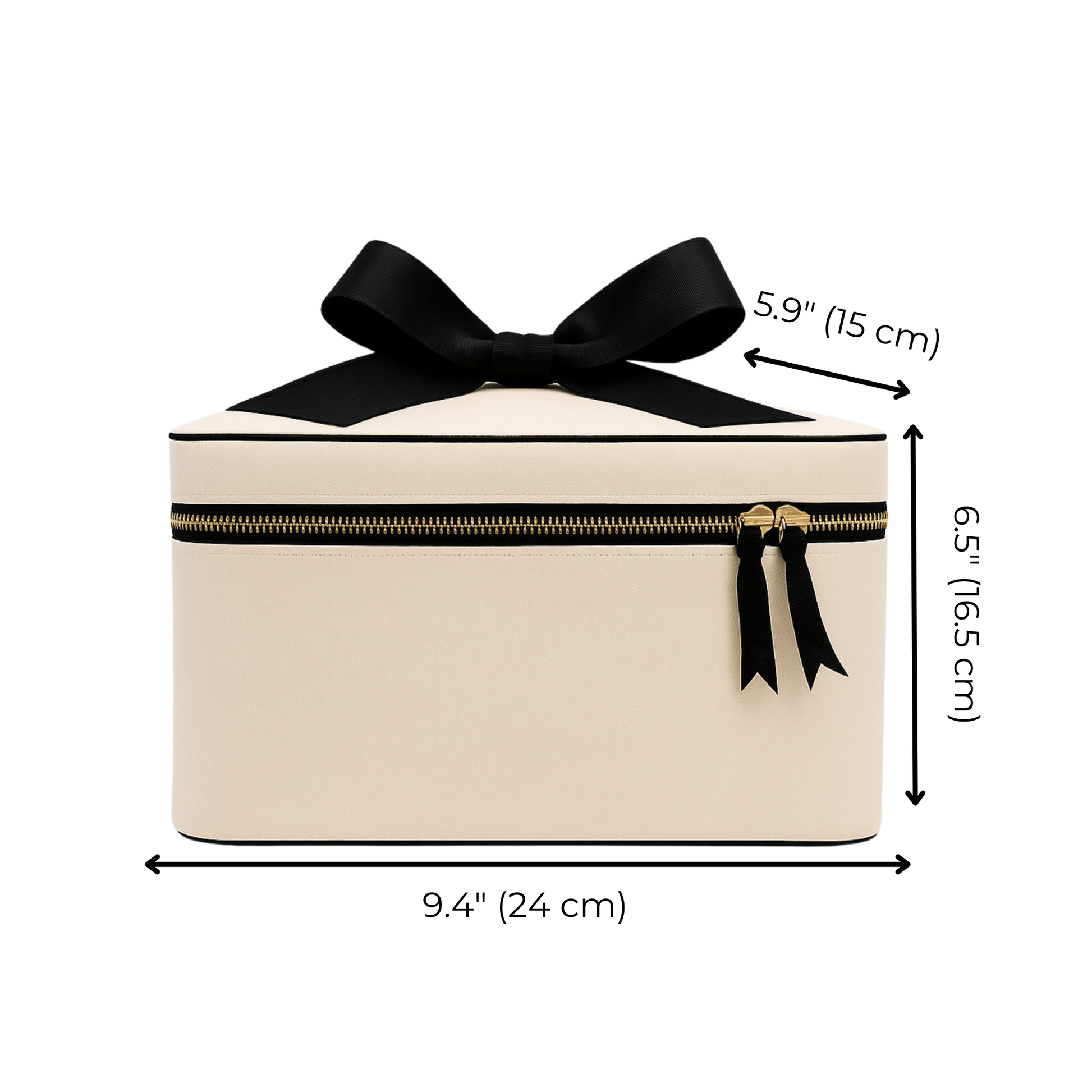 Cream Bag-all makeup and toiletry case with black bow and gold zipper measuring 9.4 by 6.5 by 5.9 inches