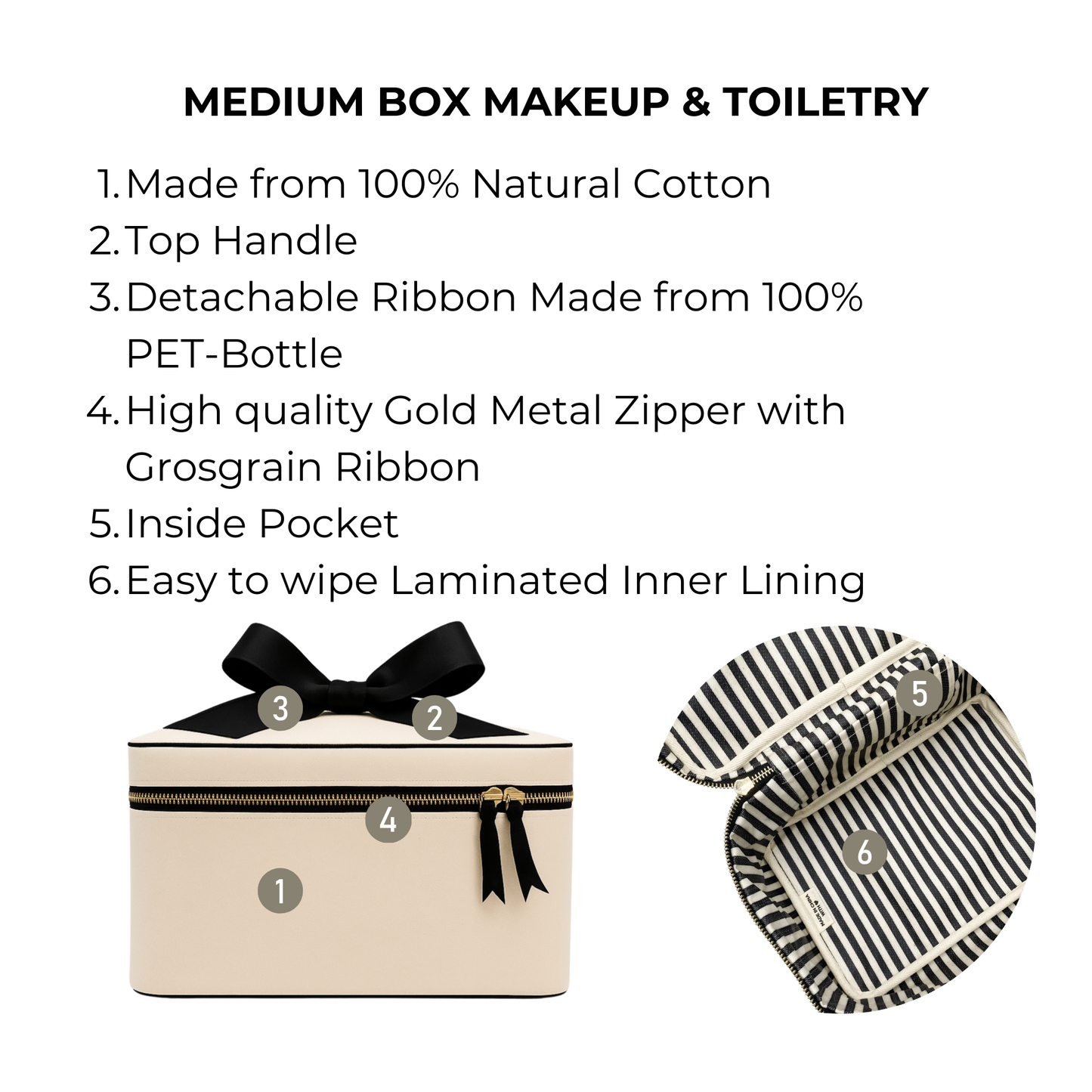 Cream Bag-all medium makeup and toiletry case with top handle, gold zipper, detachable ribbon, inside pocket, and striped lining