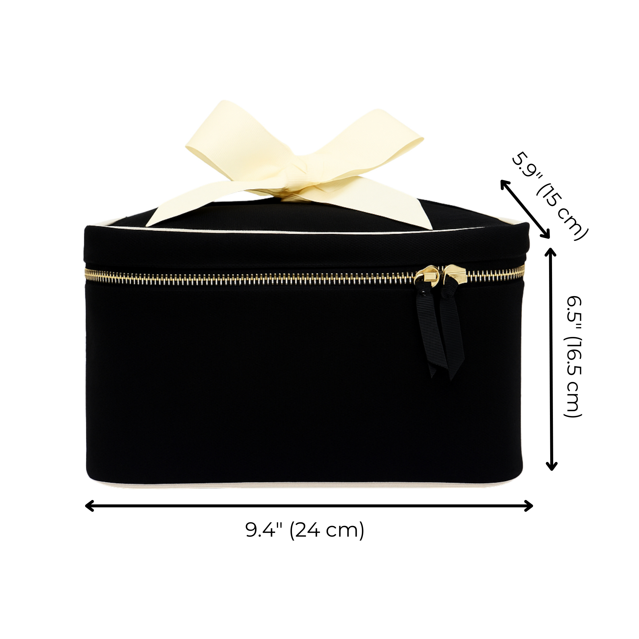 Black Bag-all makeup case with cream bow and gold zipper, compact organizer for beauty essentials at home or travel