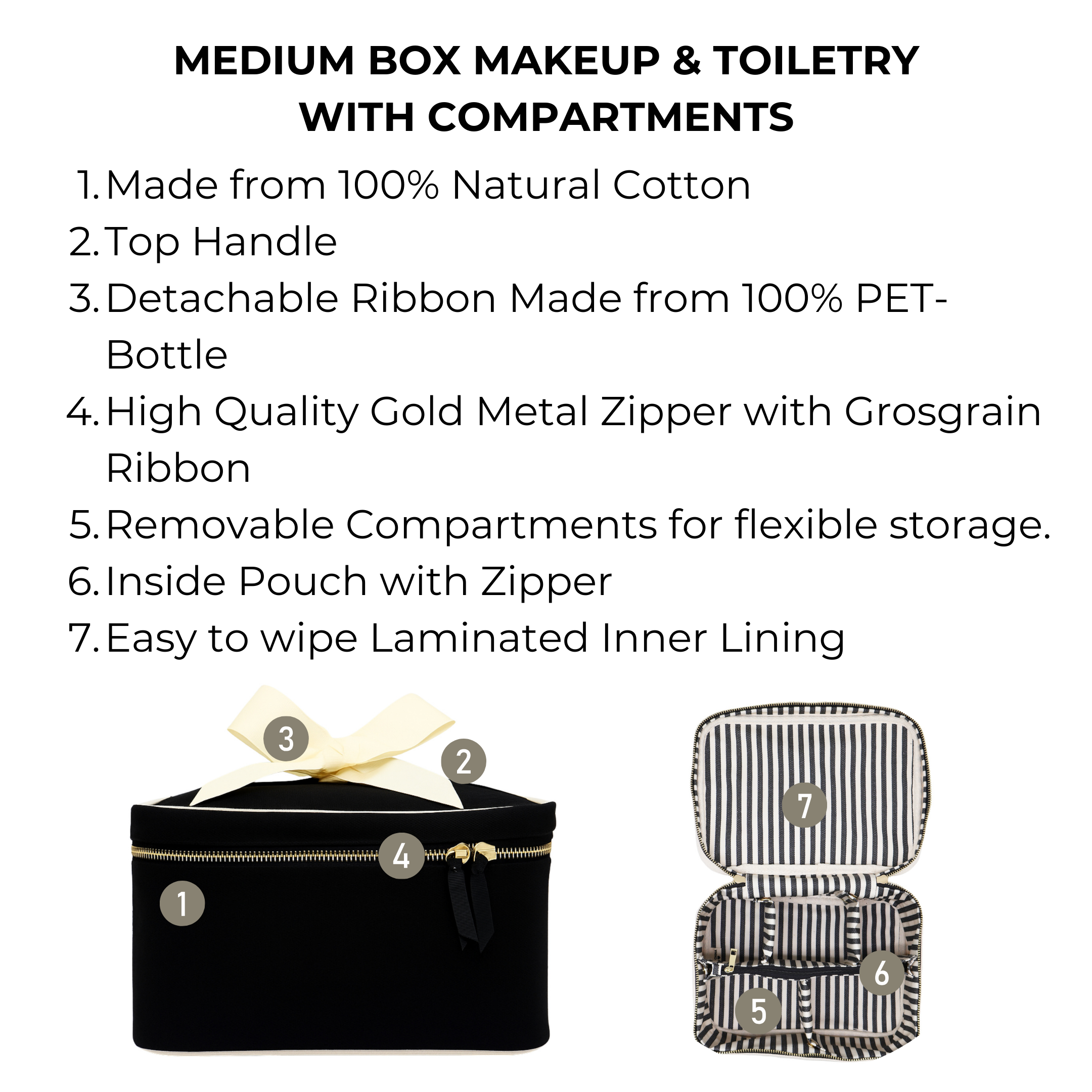 Black Bag-all medium makeup case with gold zipper, removable compartments, and striped laminated inner lining