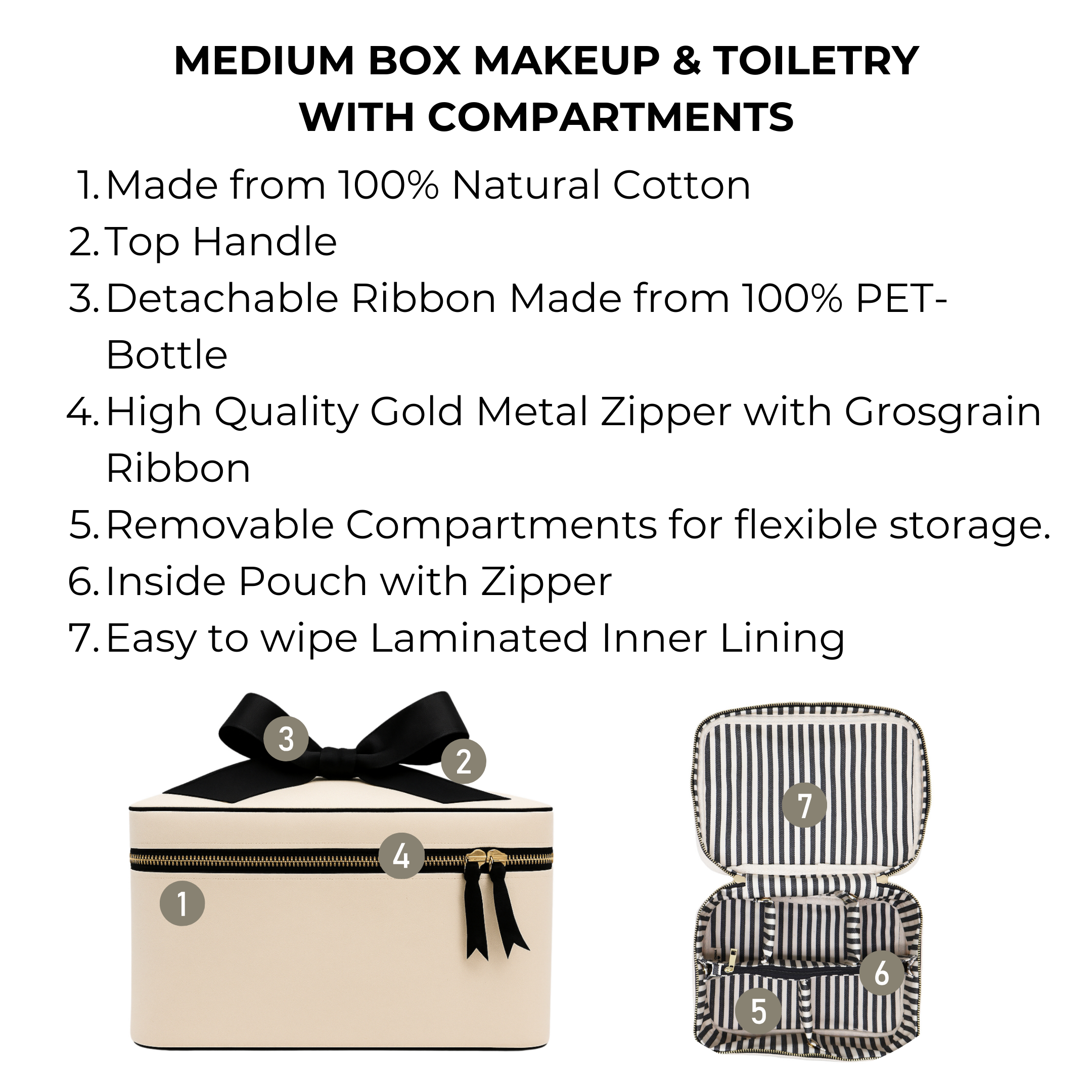 Cream Bag-all makeup case with top handle, gold zipper, striped laminated inner lining, and removable compartments inside