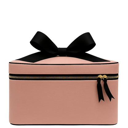 Pink Bag-all makeup and toiletry case with gold zipper and black bow detail for stylish organization