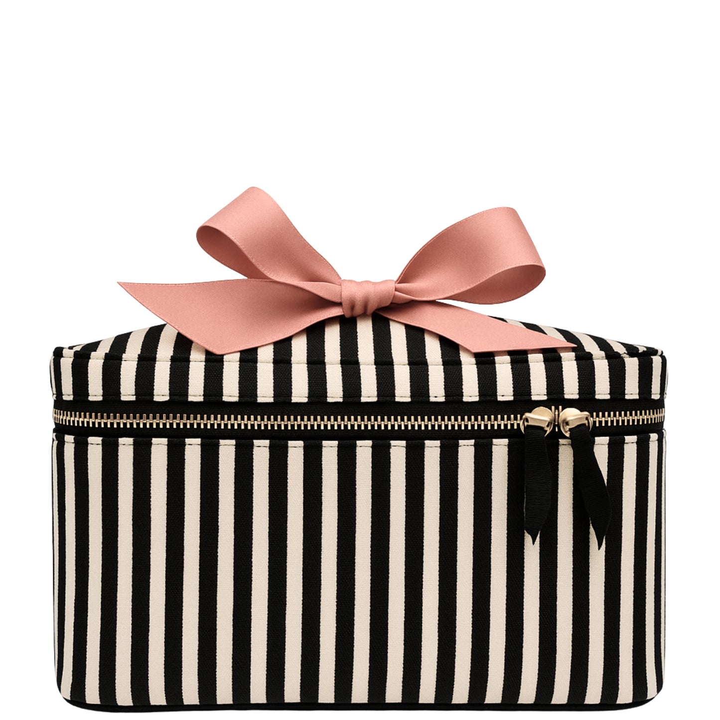 Bag-all medium striped makeup and toiletry case with gold zipper and pink bow on white background