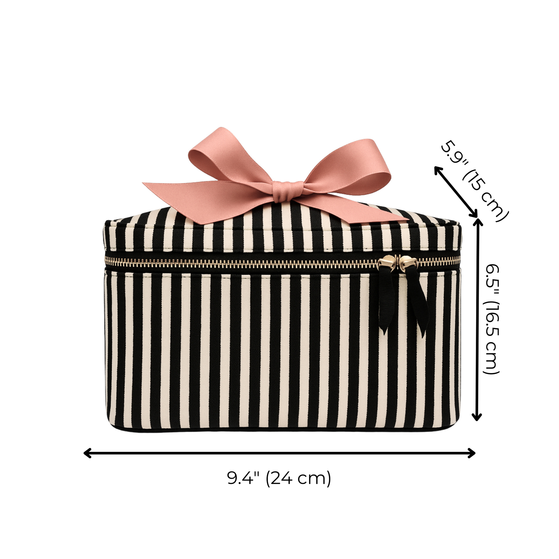 Bag-all medium striped makeup and toiletry case with gold zipper and pink bow accent on white background