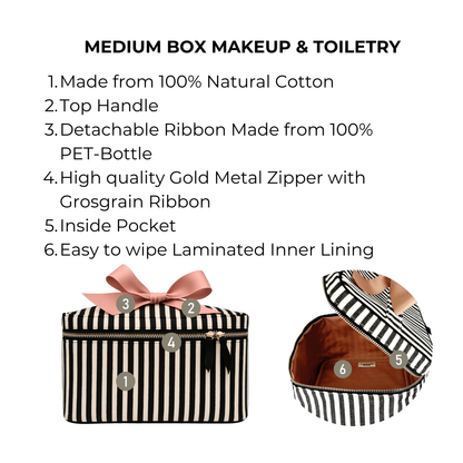 Striped Bag-all medium makeup and toiletry case with gold zipper, detachable ribbon, inside pocket, and wipe-clean lining
