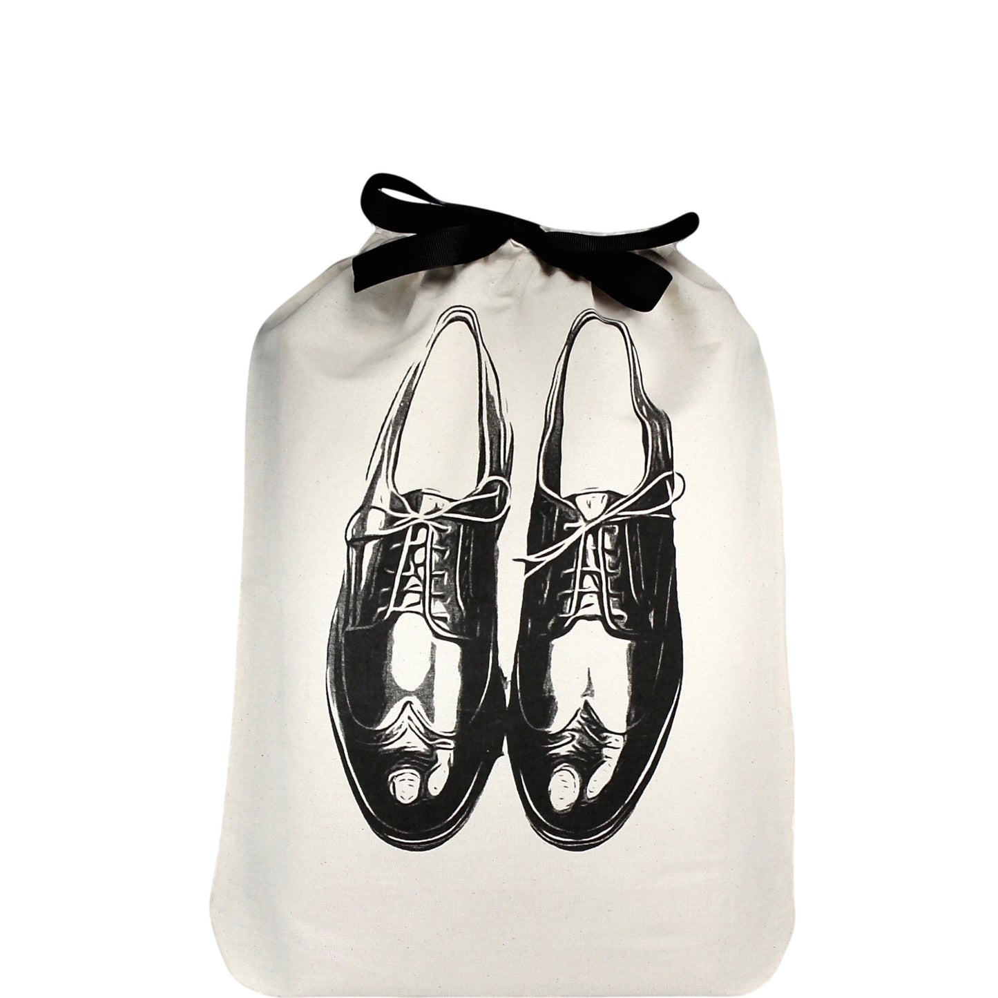 Bag-all cream Men’s Shoe Bag with black shoe illustration and black drawstring for travel and storage organization