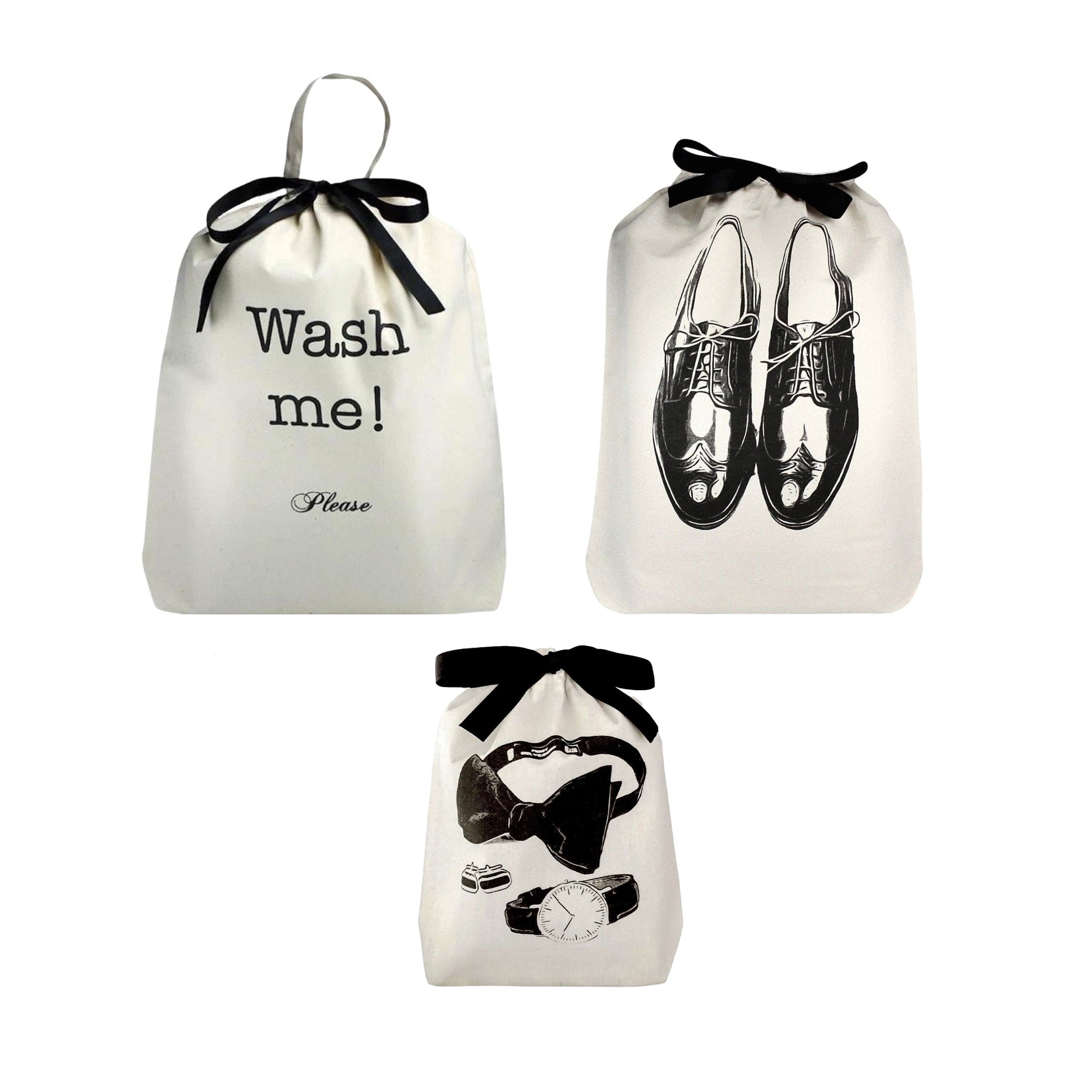 Bag-all Men's Travel Set 3-pack in cream featuring laundry, shoe, and charger organizing bags with black ribbon ties and printed designs