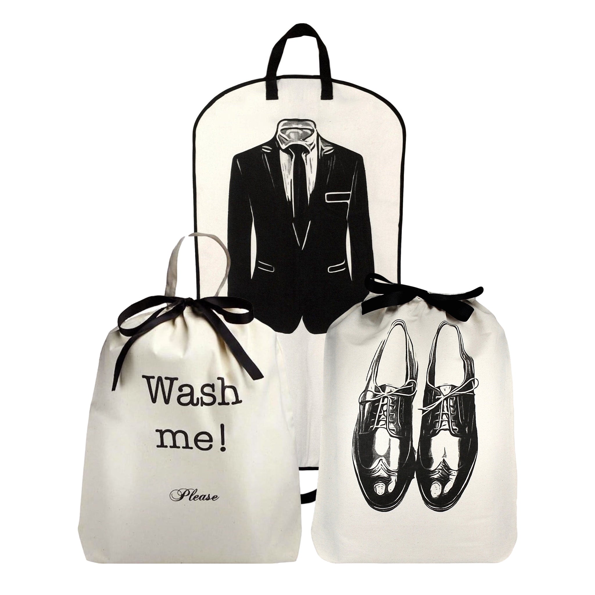 Men's Travel Set 3-pack, Cream with illustrated garment cover, shoe and laundry bags, personalized cotton travel organization by Bag-all Paris design.