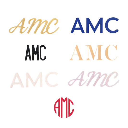 Bag-all personalized vinyl monogram options showing AMC initials in various fonts and colors - black, gold, navy, beige, pink shimmer, and red circular design for customizable bags