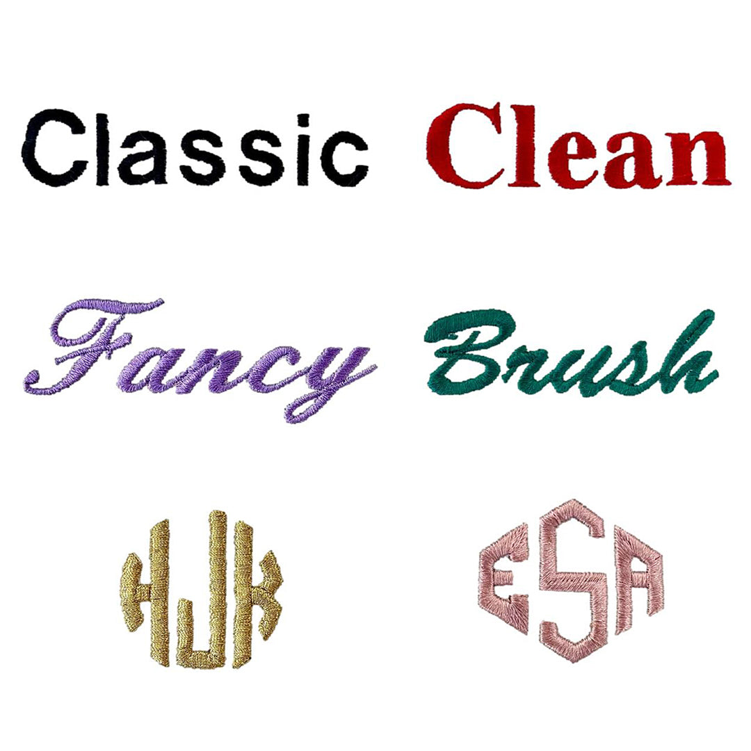 Bag-all monogram font options displaying Classic, Clean, Fancy, and Brush styles with sample monogram designs in gold and pink - personalization template for custom bags