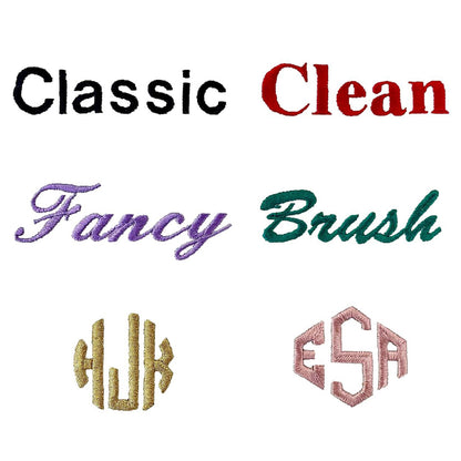 Bag-all monogram font options displaying Classic, Clean, Fancy, and Brush styles with sample monogram designs in gold and pink - personalization template for custom bags