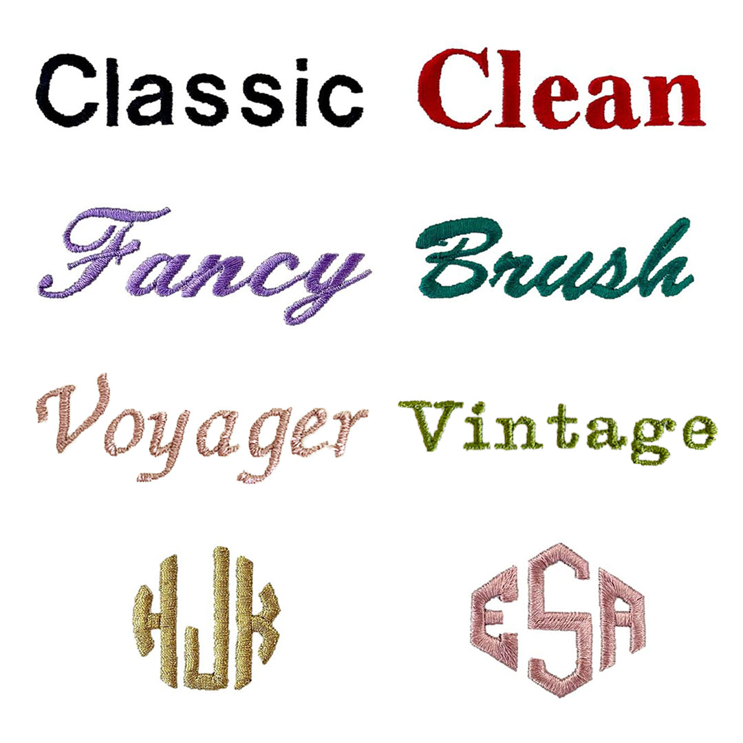 Eight embroidered text samples showcasing different monogram styles and fonts including classic, clean, fancy, brush, voyager, vintage, and custom initials for personalized travel organization by Bag-all.
