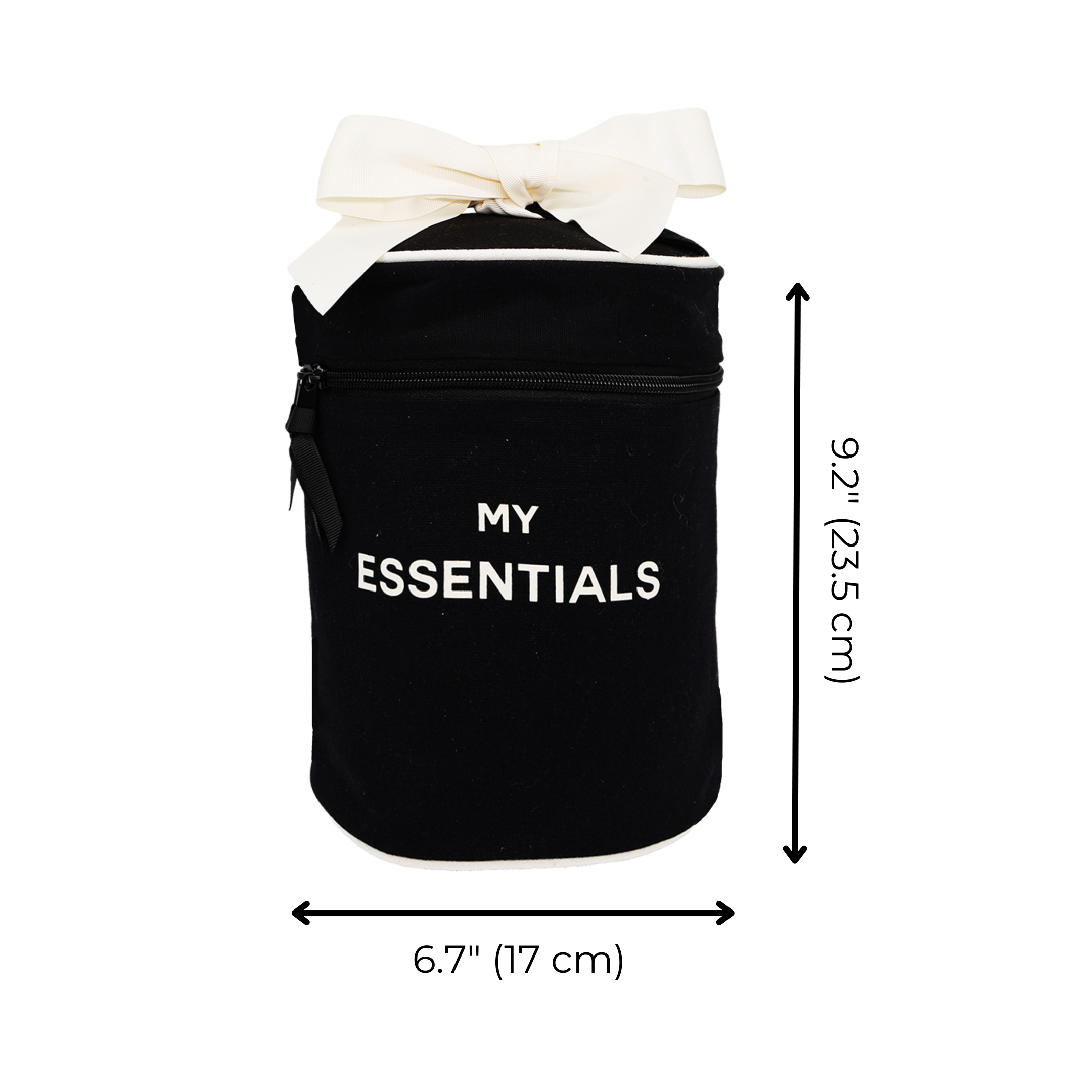 Bag-all Round My Essentials Case in black cotton with white bow, featuring coated interior lining and 'MY ESSENTIALS' text. Perfect for organizing makeup and travel items.
