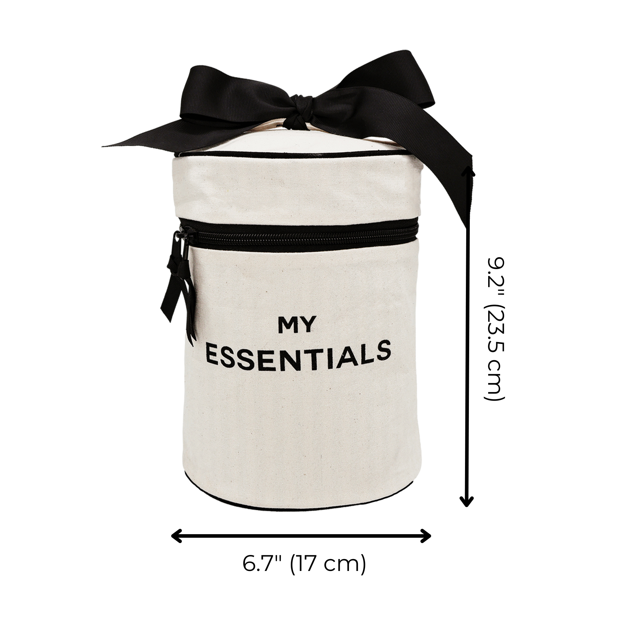Bag-all Round Cream Essentials Case with black bow detail, featuring "MY ESSENTIALS" text, zipper compartment, and measuring 9.2x6.7 inches - perfect travel organizer