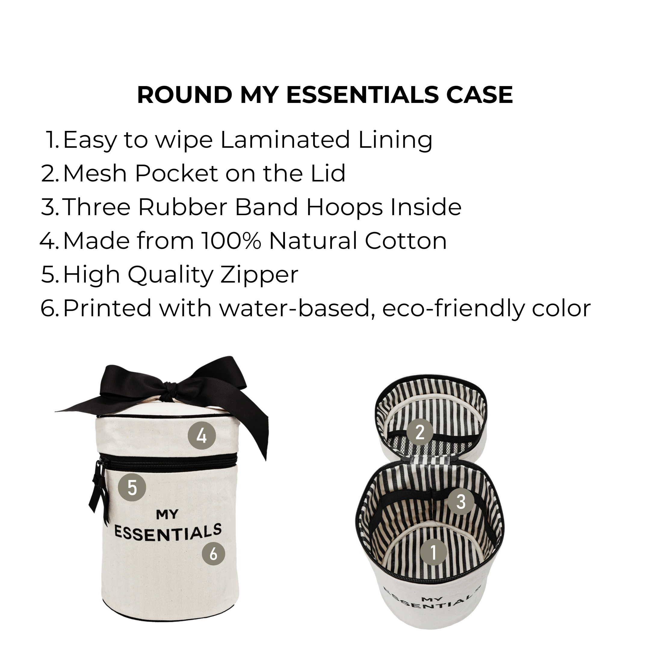 Bag-all Round My Essentials Case in cream with laminated lining, rubber bands, and mesh pocket - eco-friendly cotton travel organizer for cosmetics and toiletries
